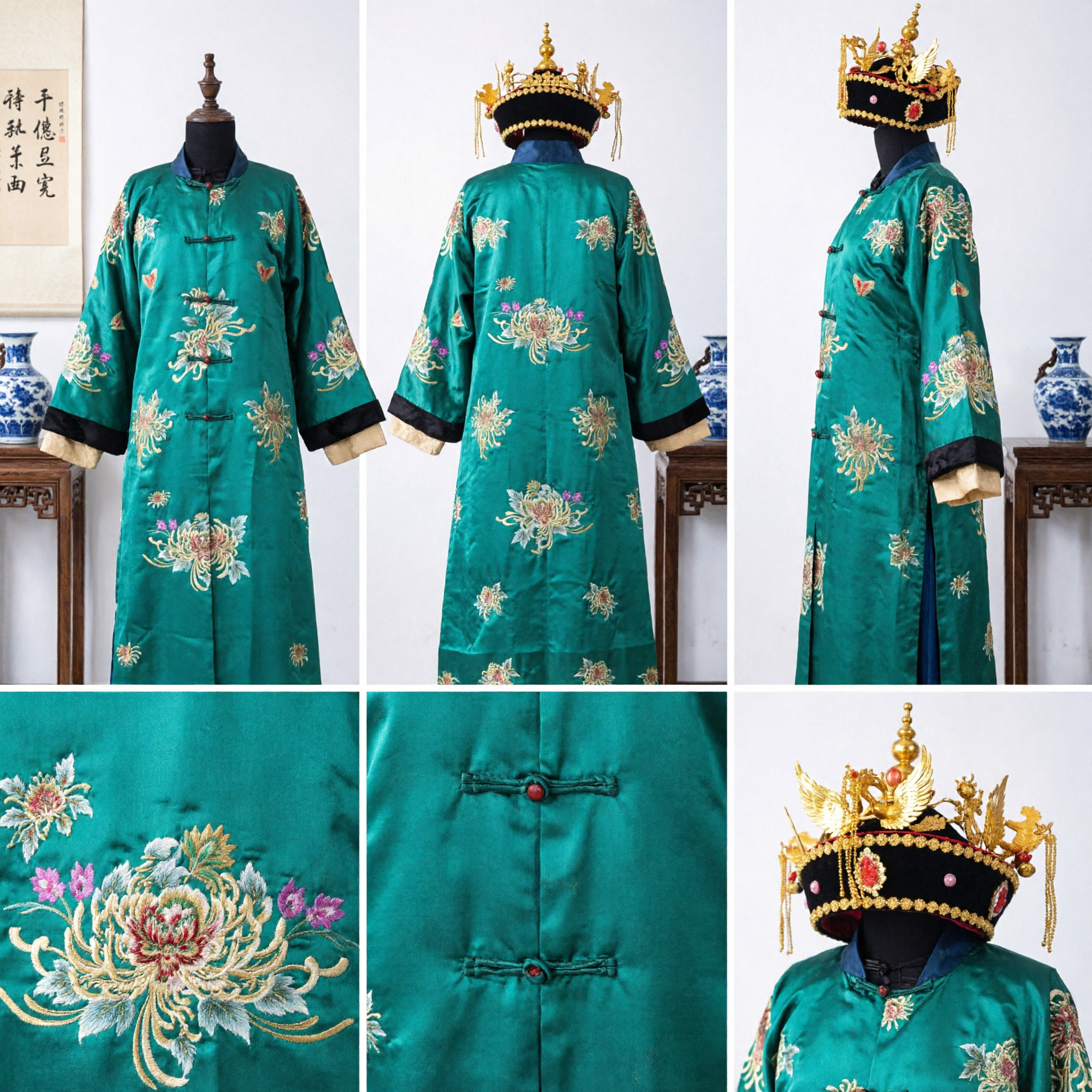 伝統中国古代 緑刺繍ローブ衣装 鳳凰冠付き オペラ舞台公演用 - Asian Costume