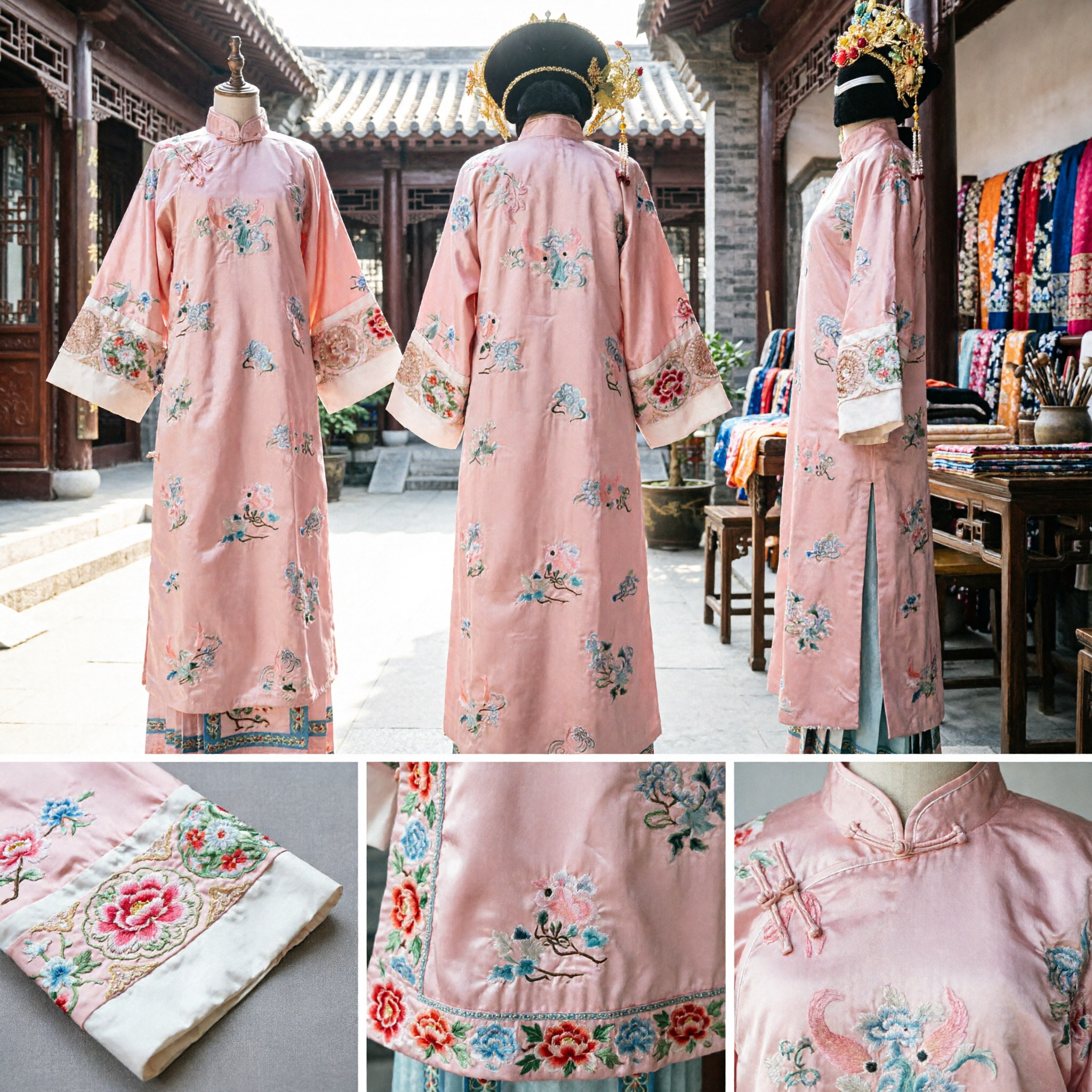 Traditionelles Chinesisches Antikes Qing-Dynastie Rosa Besticktes Manchu-Prinzessin-Kostüm Komplettes Set für Frauen - Asian Costume
