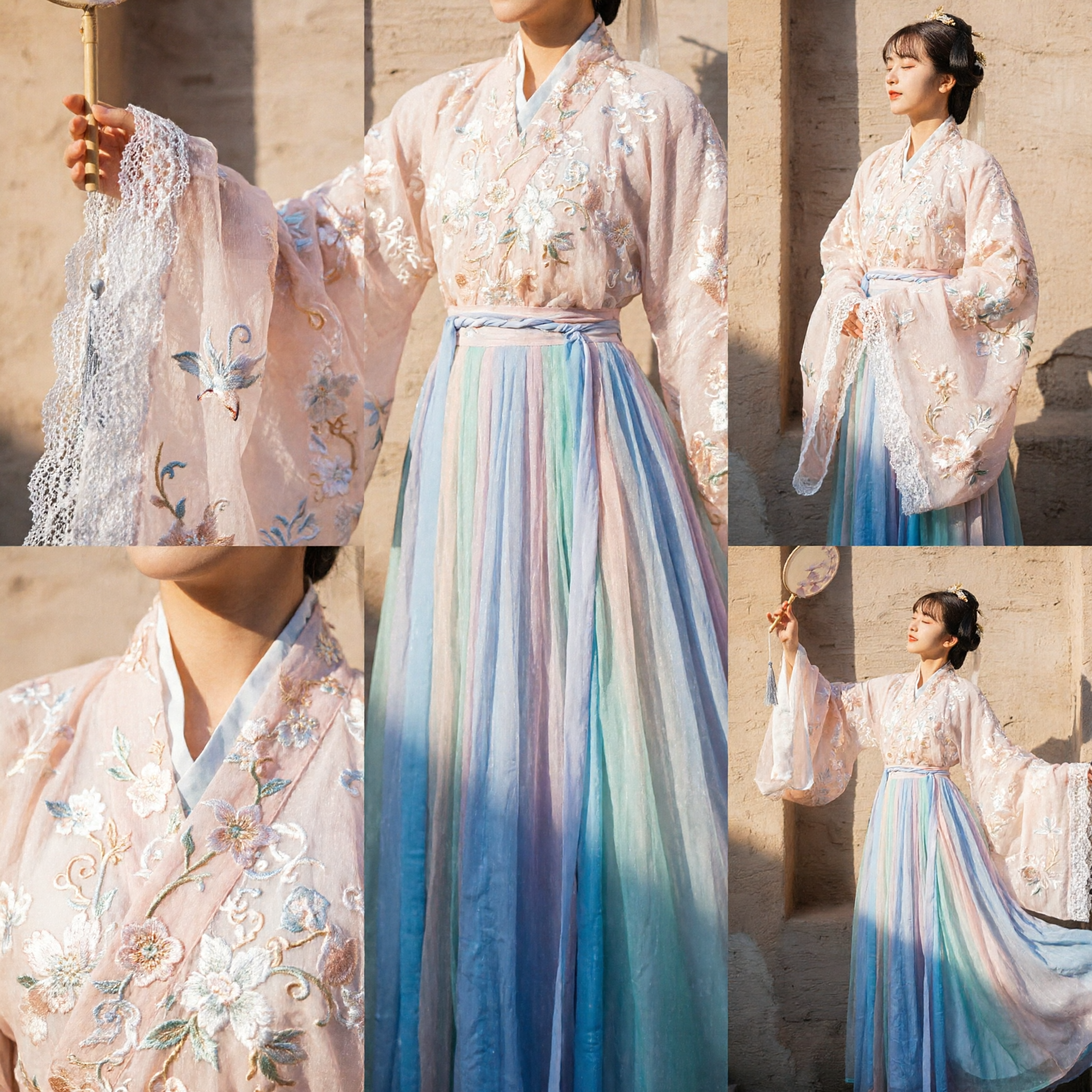 Vestido Hanfu Tradicional Chino Elegante para Mujer, Blusa Antigua Bordada Transparente con Falda Plisada en Degradé Arcoíris - Asian Costume