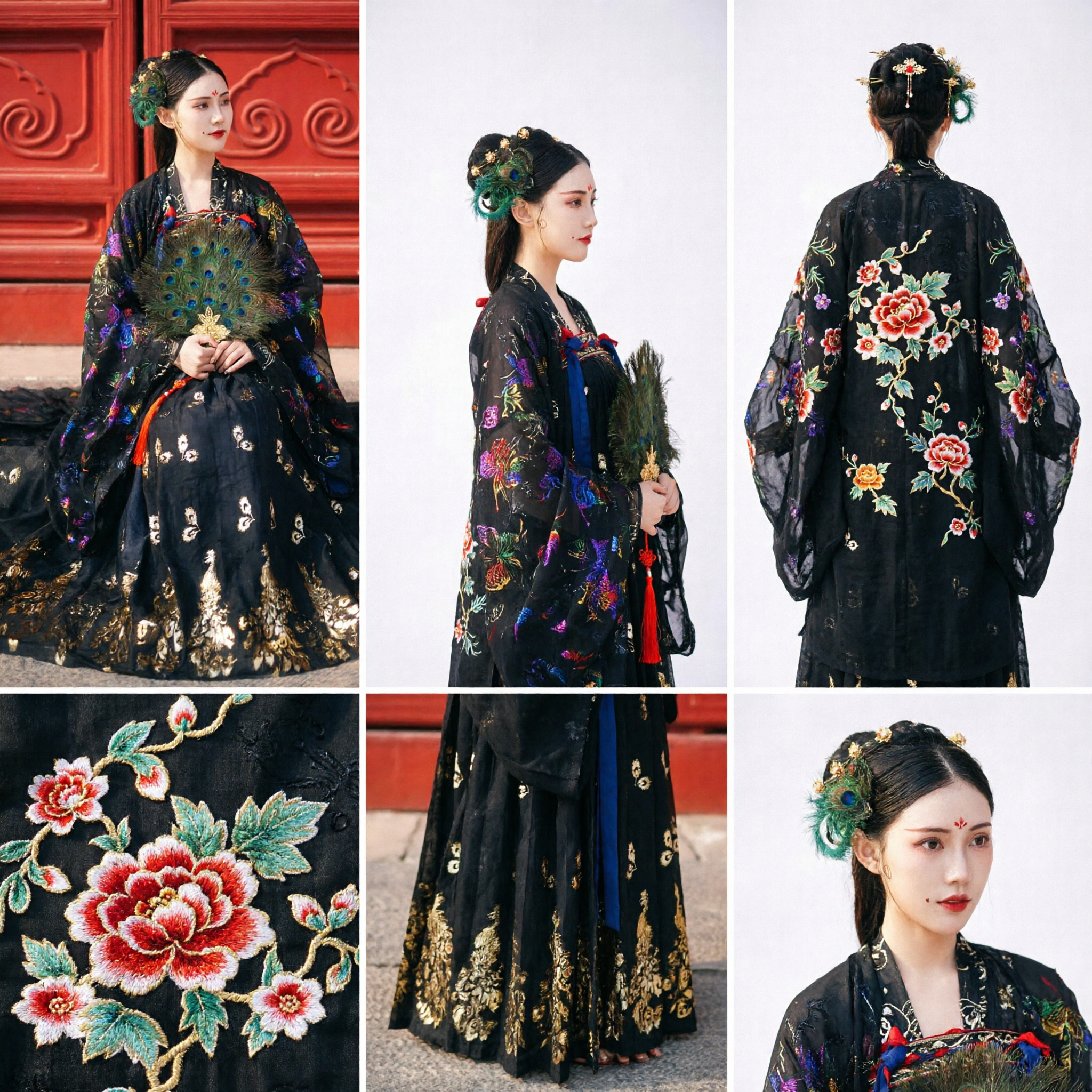Costume Imperiale della Dinastia Tang Cinese Hanfu Tradizionale, Abito da Imperatrice Nero e Oro con Ricamo di Pavone per Fotografia Donne - Asian Costume