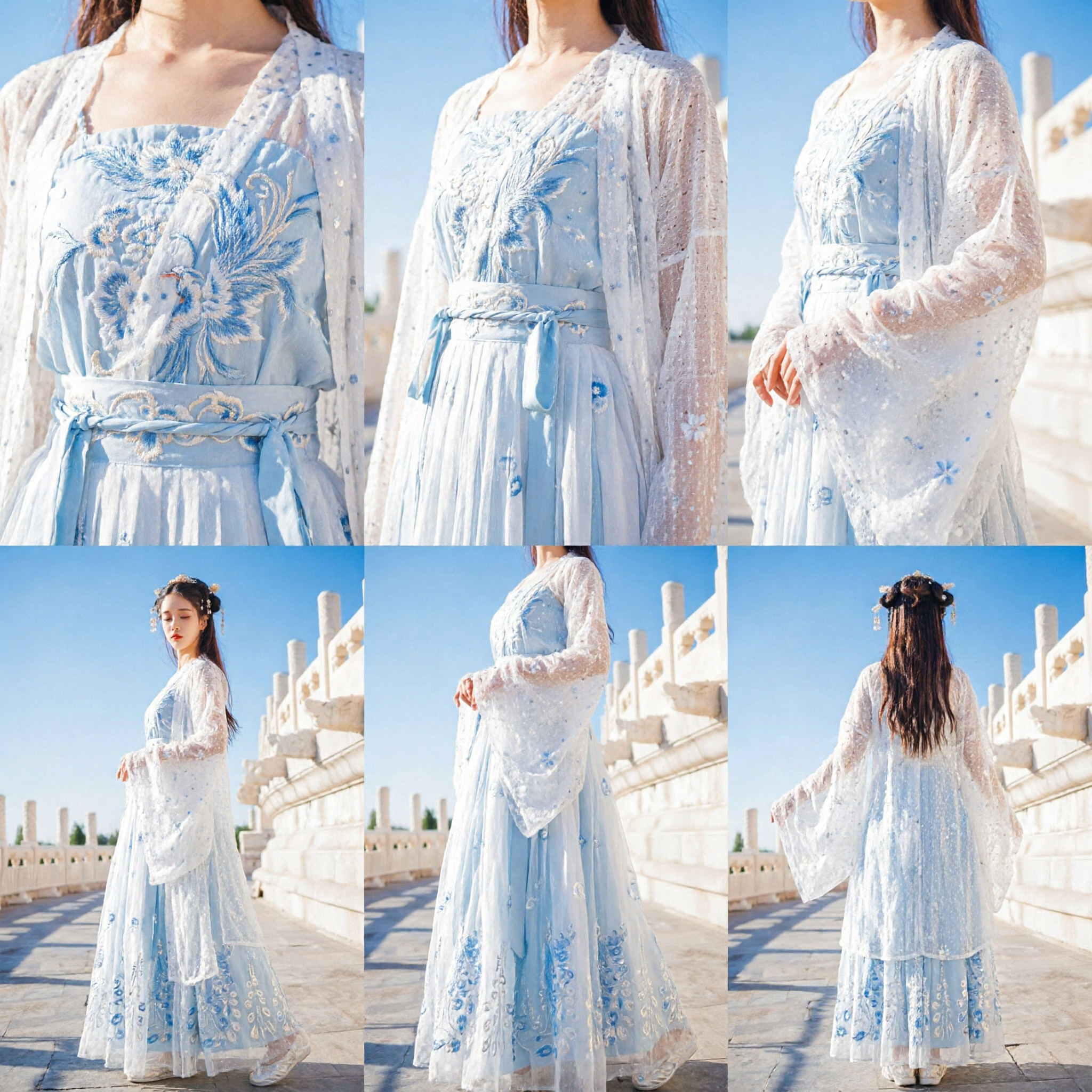 Traditionele Chinese Hanfu-jurk, blauw-wit antiek feeënkostuum met geborduurde wijde mouwen kleding voor vrouwen - Asian Costume