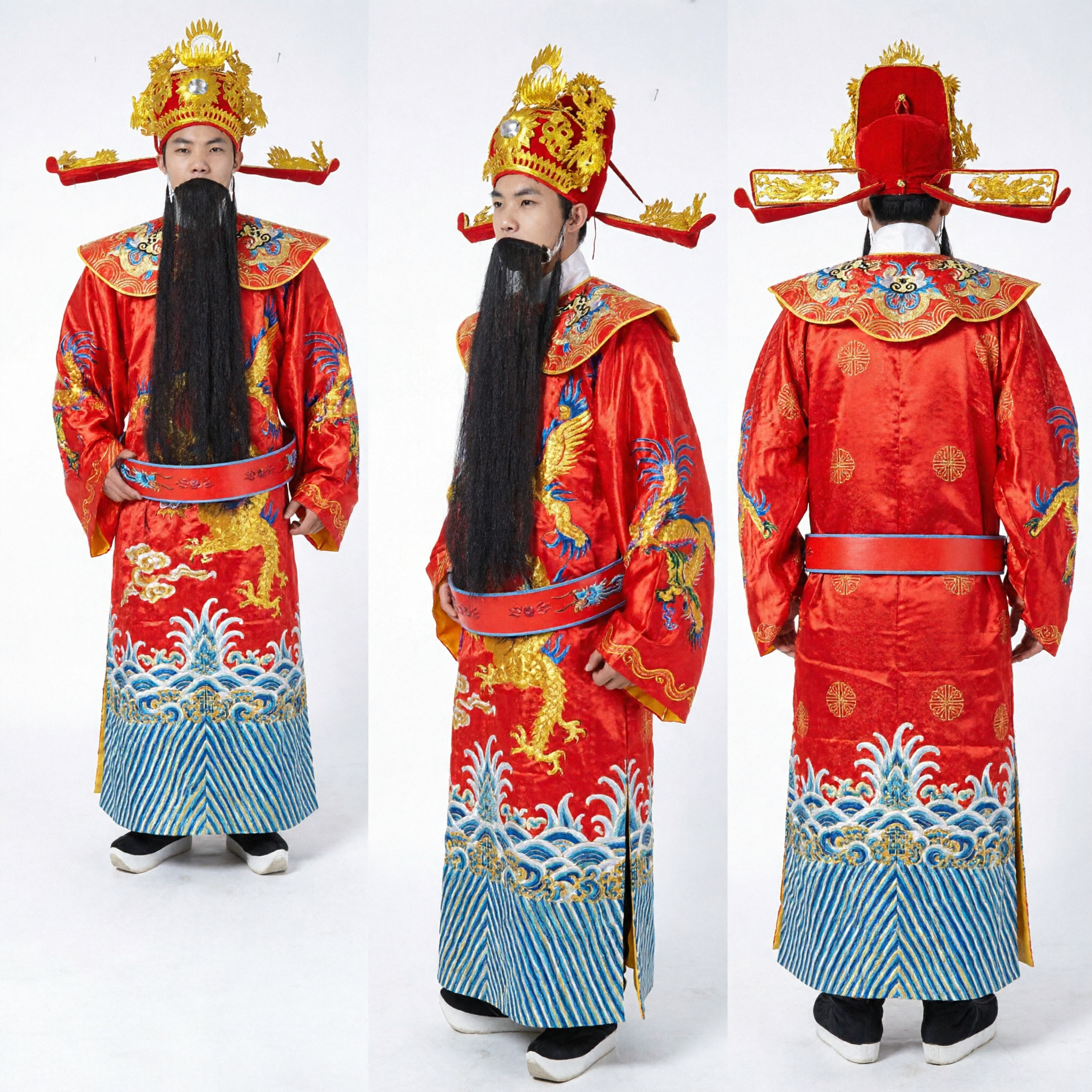 Männer-Traditionelles chinesisches Gott-des-Reichtums-Kostüm, Roter Drachenmantel, Hut und Bart-Set für Neujahrsaufführungen - Asian Costume