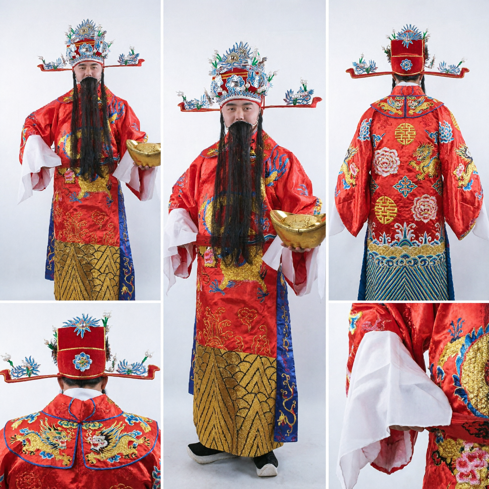Traditionelles chinesisches Caishen (Gott des Reichtums) Kostüm, Roter bestickter Mantel für Neujahrs-Paraden - Asian Costume