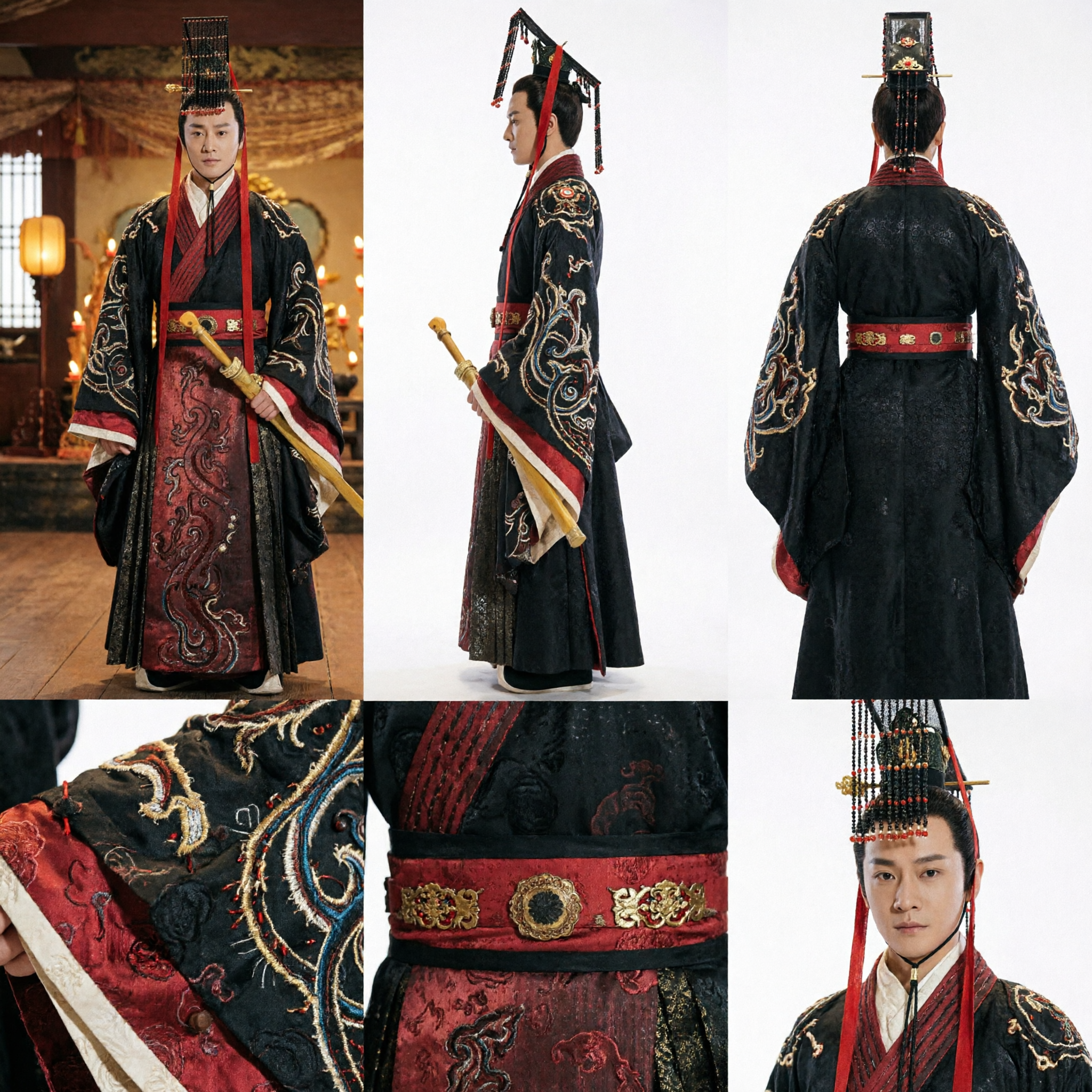 Ensemble de costume Hanfu d'empereur de la dynastie Han pour hommes, avec couronne perlée pour cosplay - Asian Costume