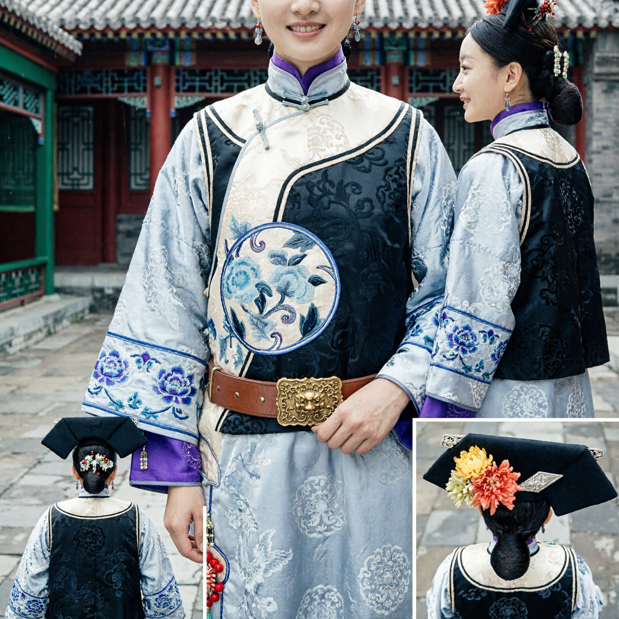 Starożytny chiński kostium mandżurskiej księżniczki z dynastii Qing, tradycyjna haftowana suknia z kwiatowym nakryciem głowy dla kobiet na cosplay - Asian Costume