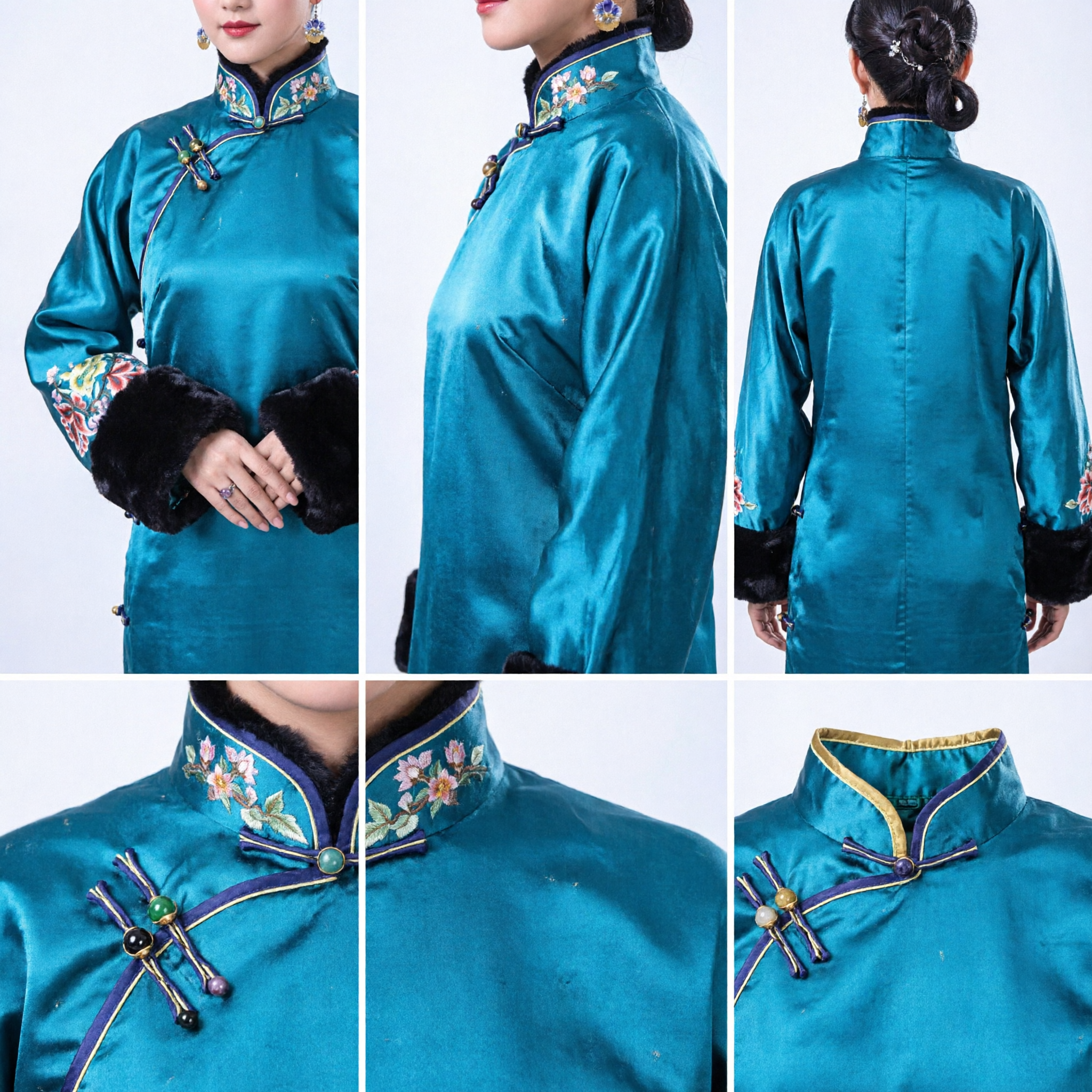 Элегантное бирюзовое шелковое платье Чипао, традиционное китайское зимнее платье с меховой отделкой и цветочной вышивкой для свадеб - Asian Costume