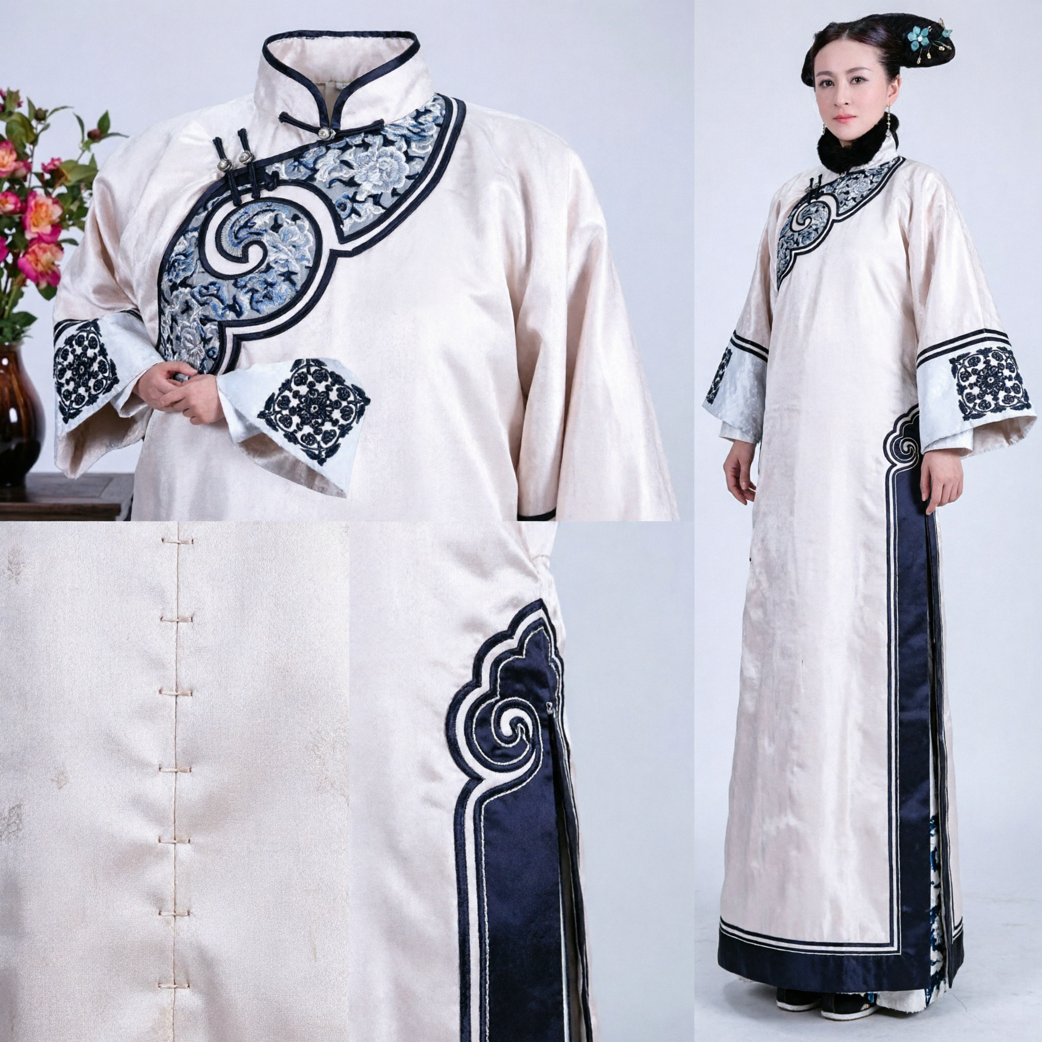 Traje Tradicional da Princesa Manchu da Dinastia Qing Chinesa, Robe Branco Bordado com Gola de Pele para Mulheres - Asian Costume