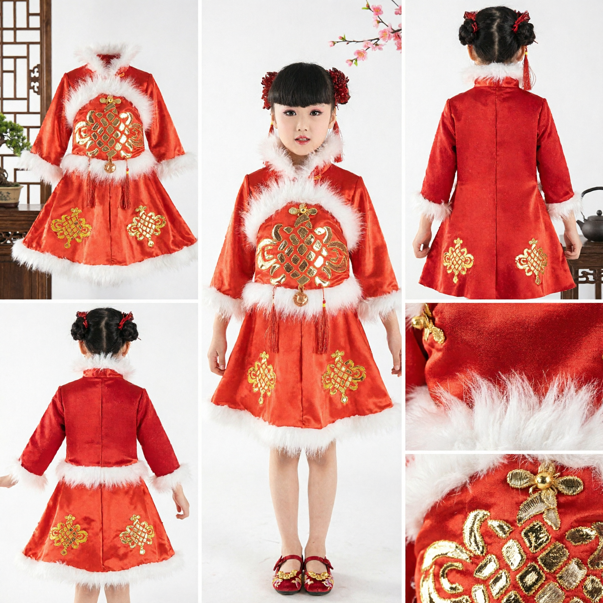 Meisjes Rood Chinees Nieuwjaar Tang Pak Jurk Winter Bont Afgezet Traditioneel Chinese Knoop Borduursel Lentefestival Kostuum - Asian Costume