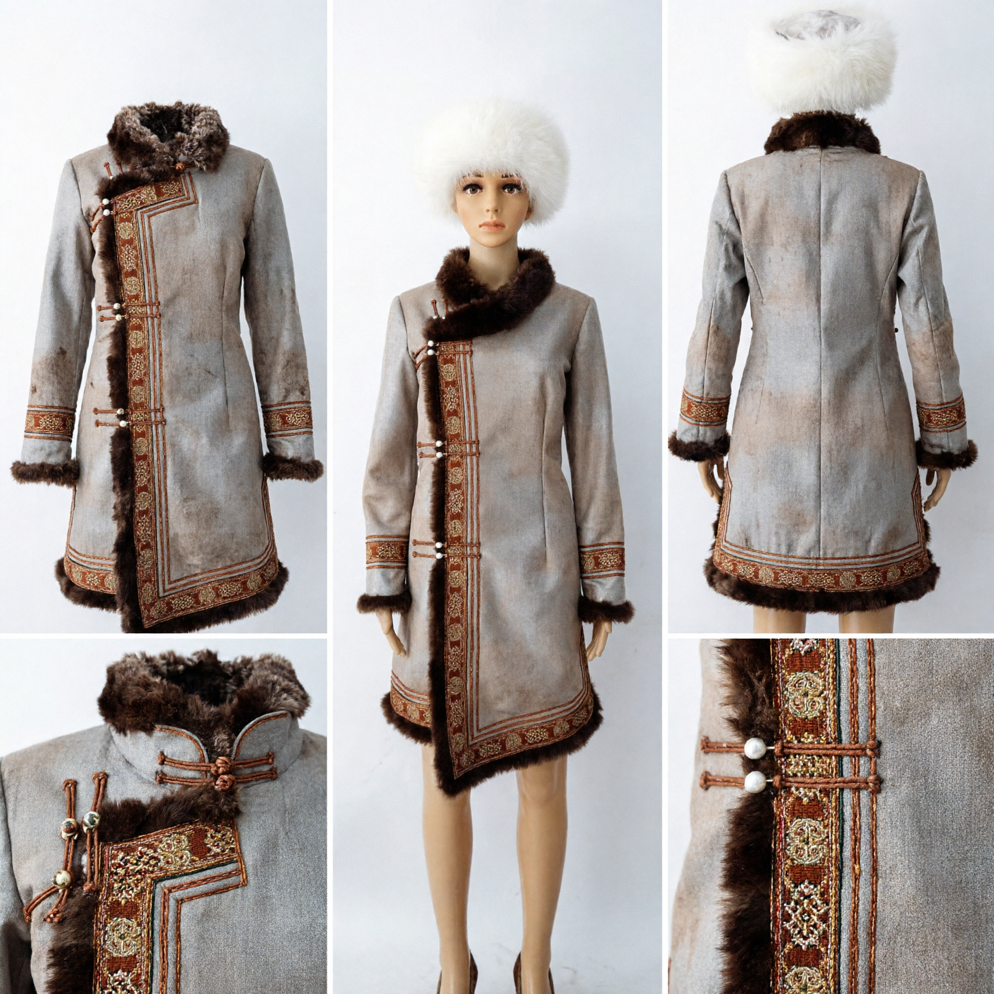 Tradycyjna mongolska zimowa szata z białym futrzanym kapeluszem i brązowymi wykończeniami, etniczny strój sceniczny dla mężczyzn - Asian Costume