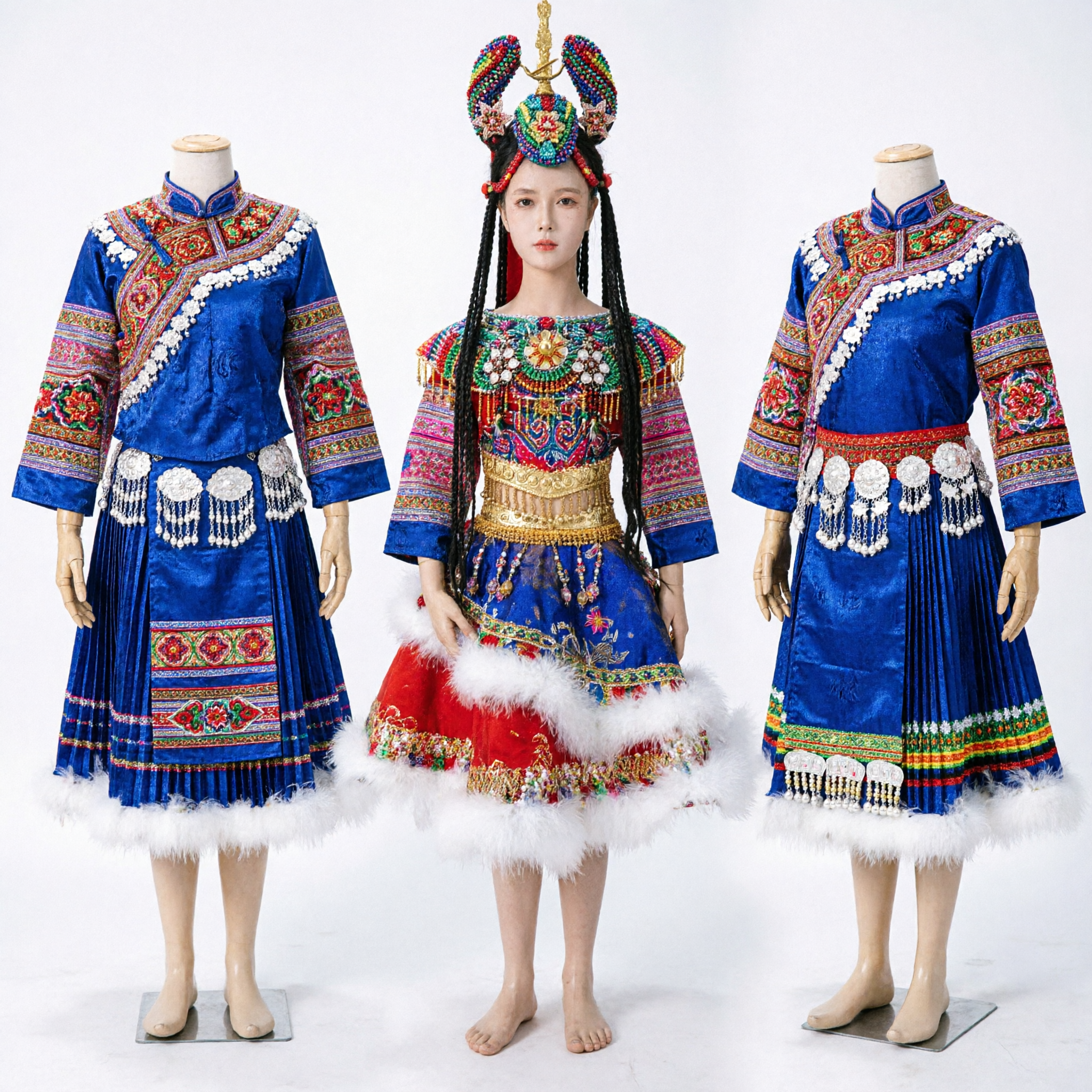 Costume Traditionnel de la Minorité Ethnique Miao Chinoise Robe Bleue Brodée avec Coiffe pour Femmes Danse Folklorique sur Scène - Asian Costume