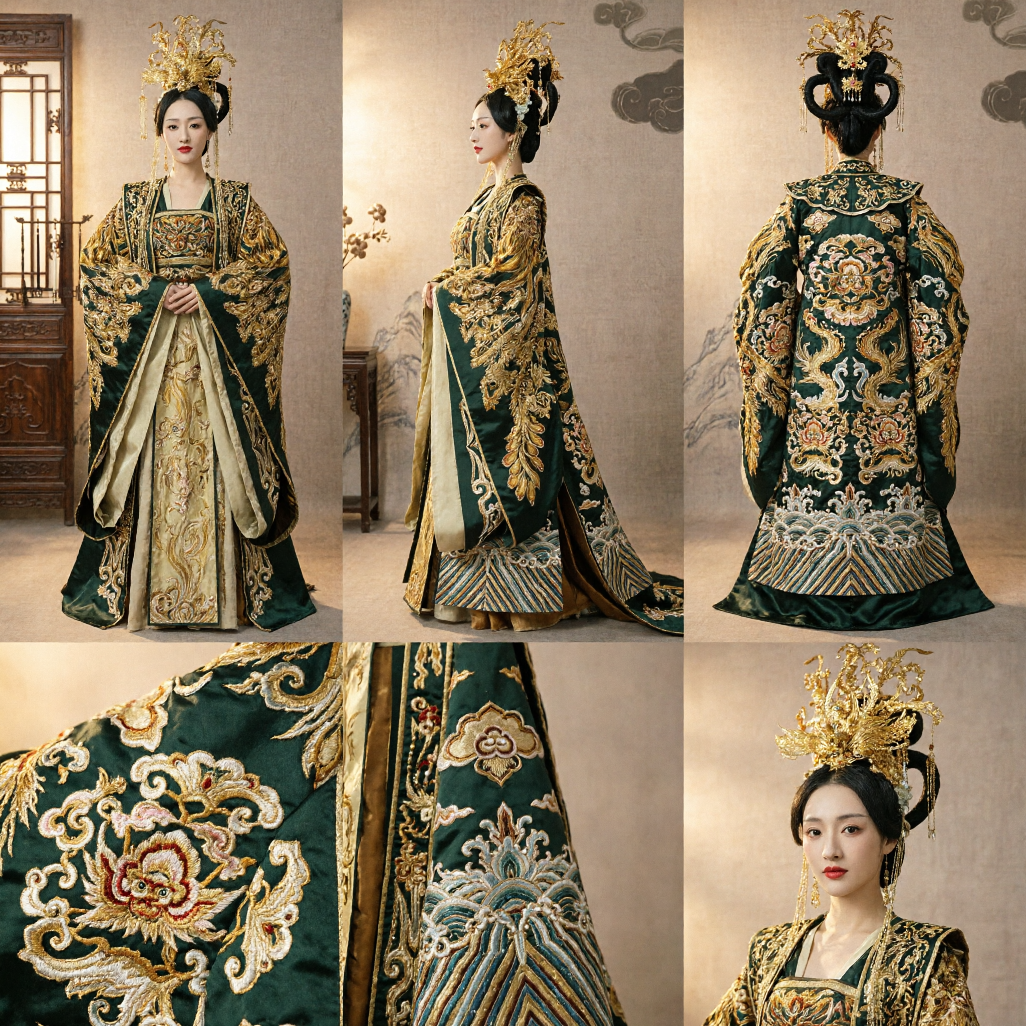 전통 중국 고대 황후 의상 녹색 및 금색 자수 한푸 궁녀 드레스 여성 코스프레 공연 - Asian Costume