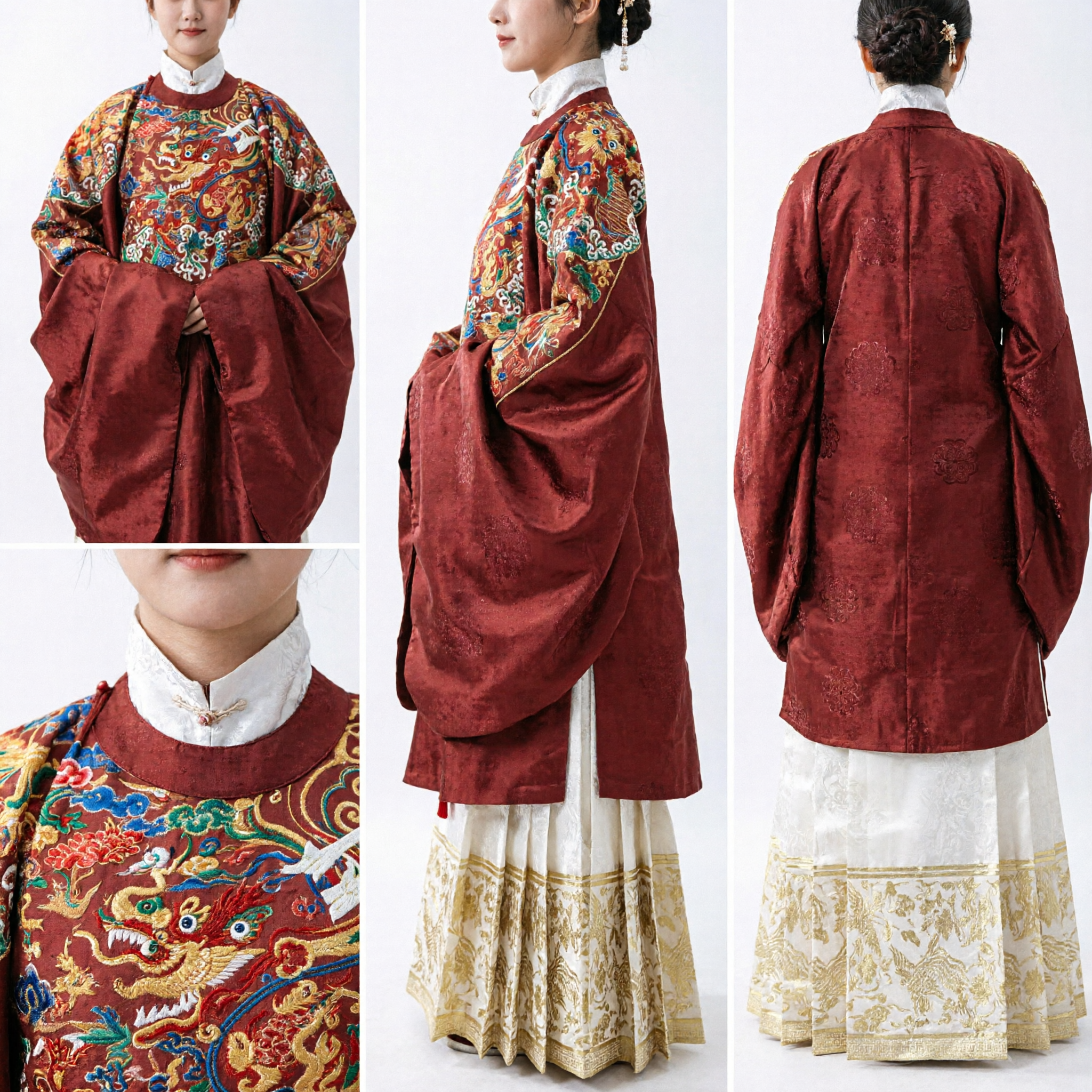 Hanfu Tradizionale Cinese Rosso Pifeng della Dinastia Ming per Donne con Ricamo del Drago per Cerimonia Nuziale - Asian Costume
