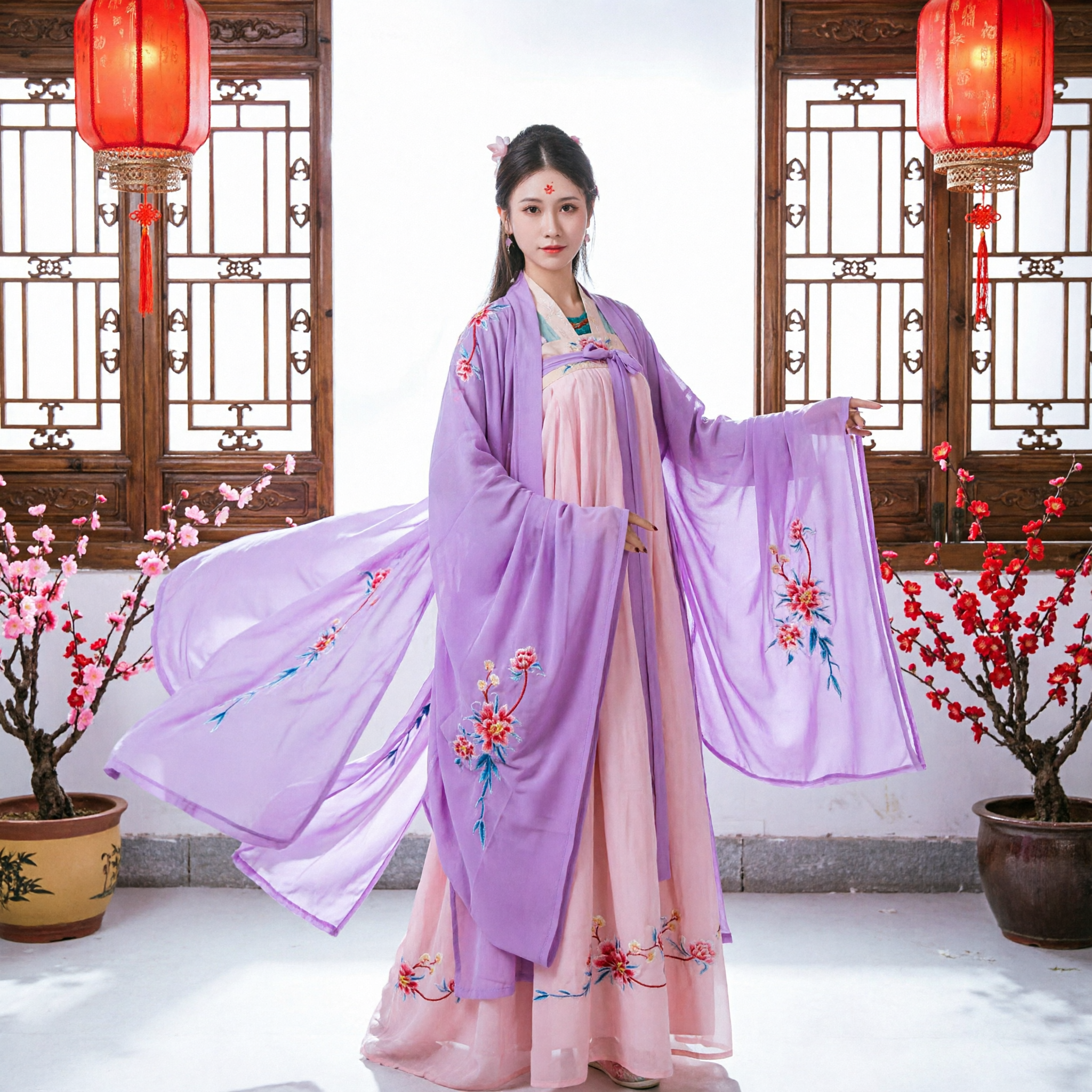 Traditionelles chinesisches Hanfu, violettes Blumenstickerei-Gewand, antikes Palastkleid, Tang-Dynastie-Kostüm für Frauen - Asian Costume
