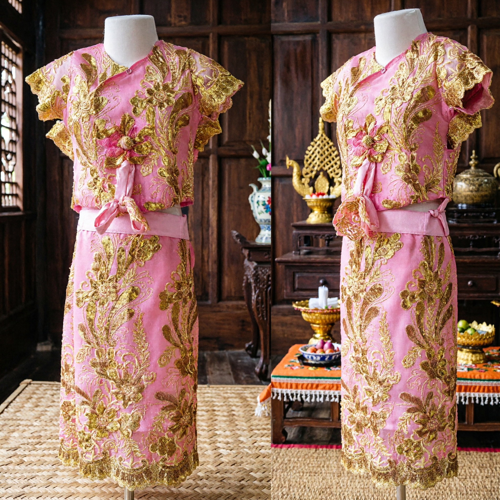 Traditionelles chinesisches Kebaya-Kostümset für Damen in Rosa und Gold mit Stickerei für Tanzaufführungen und kulturelle Veranstaltungen - Asian Costume