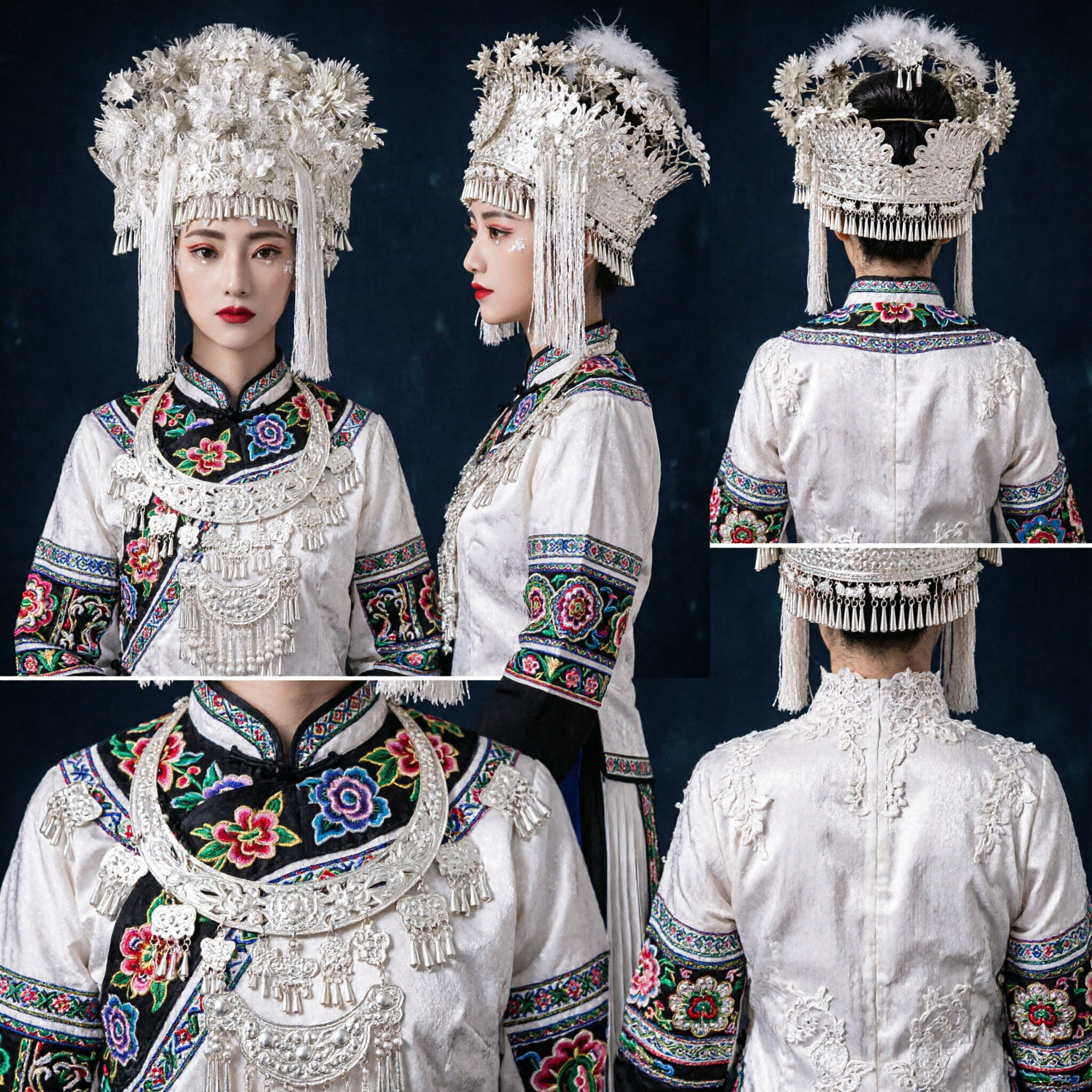 Традиционный китайский головной убор народности Мяо из серебра, белая цветочная свадебная корона, этнический свадебный костюм, аксессуары для волос для женщин - Asian Costume