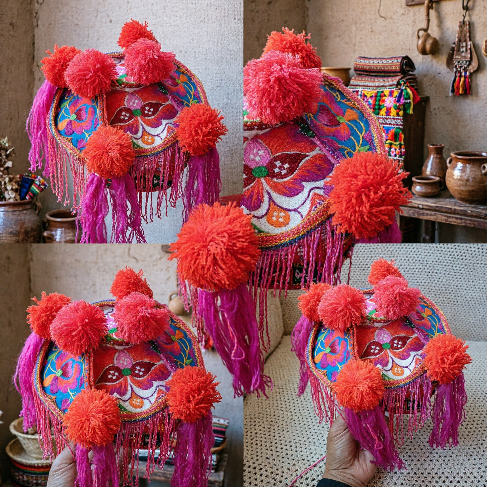 قبعة طفل صينية تقليدية مطرزة مع كرات ملونة وشرابات لزي المهرجانات الشعبية - Asian Costume