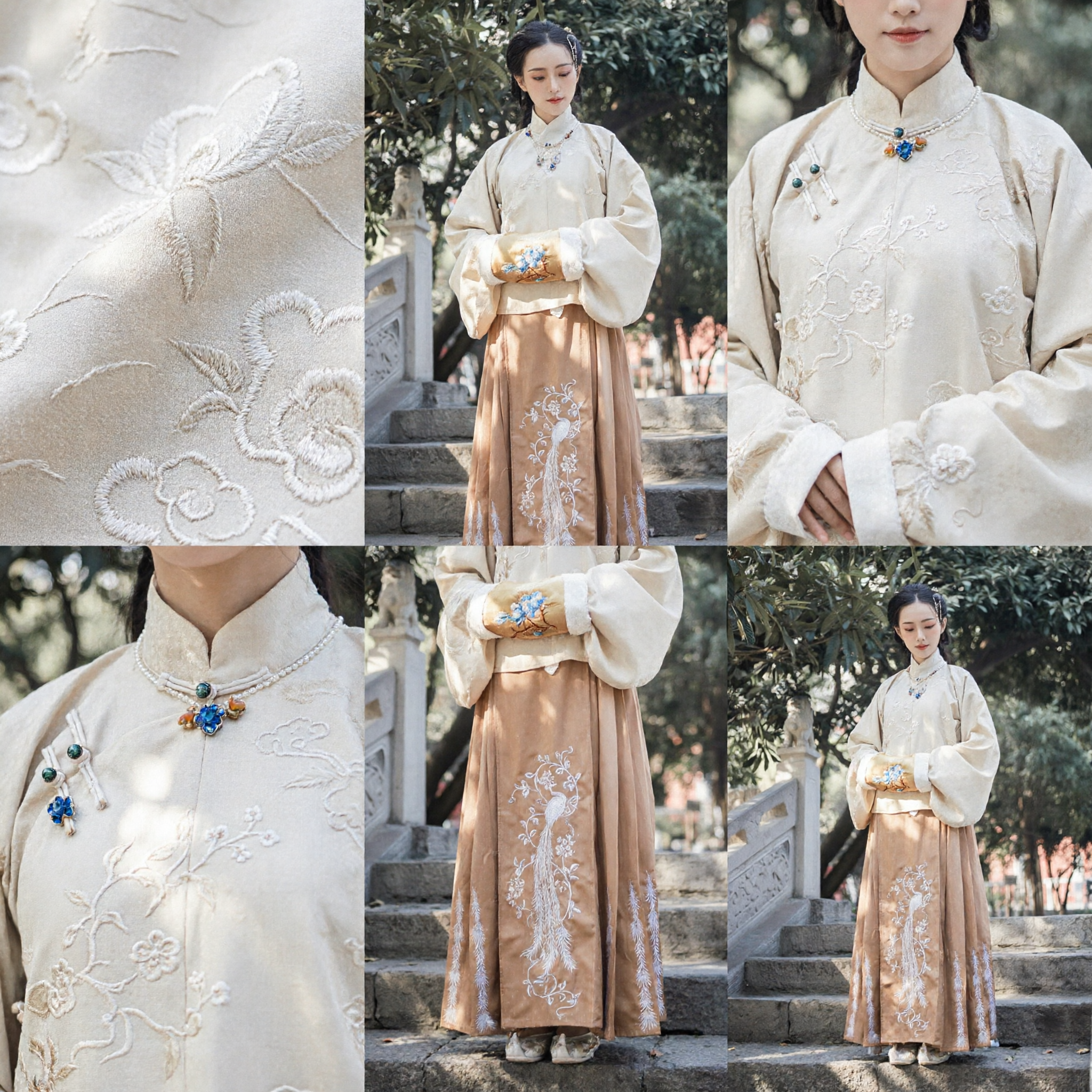 Traje Hanfu da Dinastia Ming Tradicional Chinês para Mulheres, Conjunto de Casaco Acolchoado Cremoso e Saia Longa Bordada a Dourado - Asian Costume