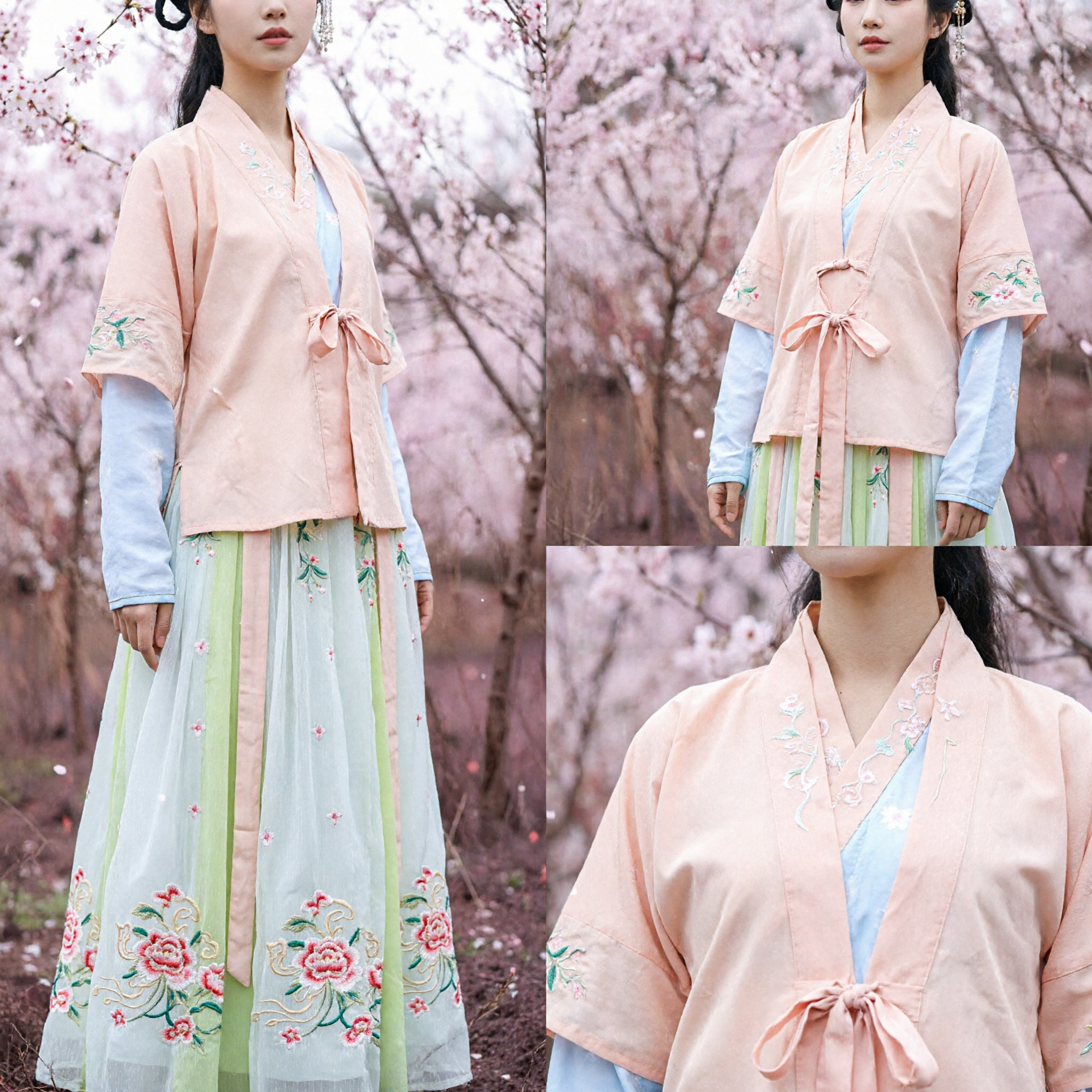 Traditioneel Chinese Hanfu kostuum voor dames, oud feeënjurk, perzik geborduurde jas en groene bloemenrok - Asian Costume