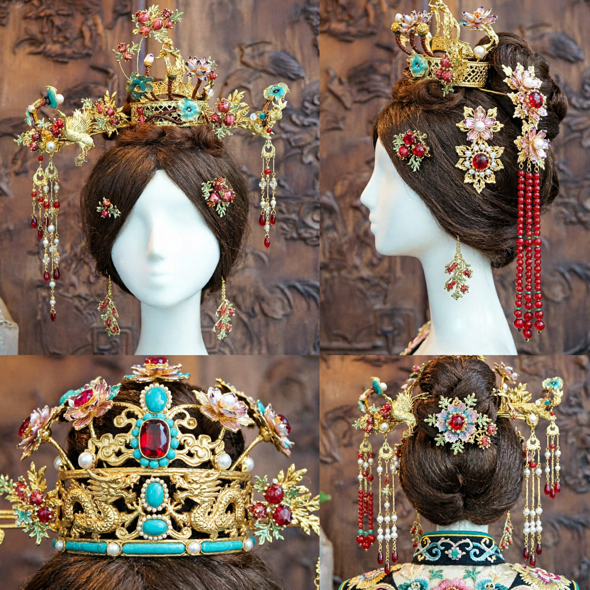 Exquisiter traditioneller chinesischer Phönix-Kronen-Goldfiligran-Kopfschmuck mit Quasten für Hochzeitsbraut Hanfu-Cosplay - Asian Costume