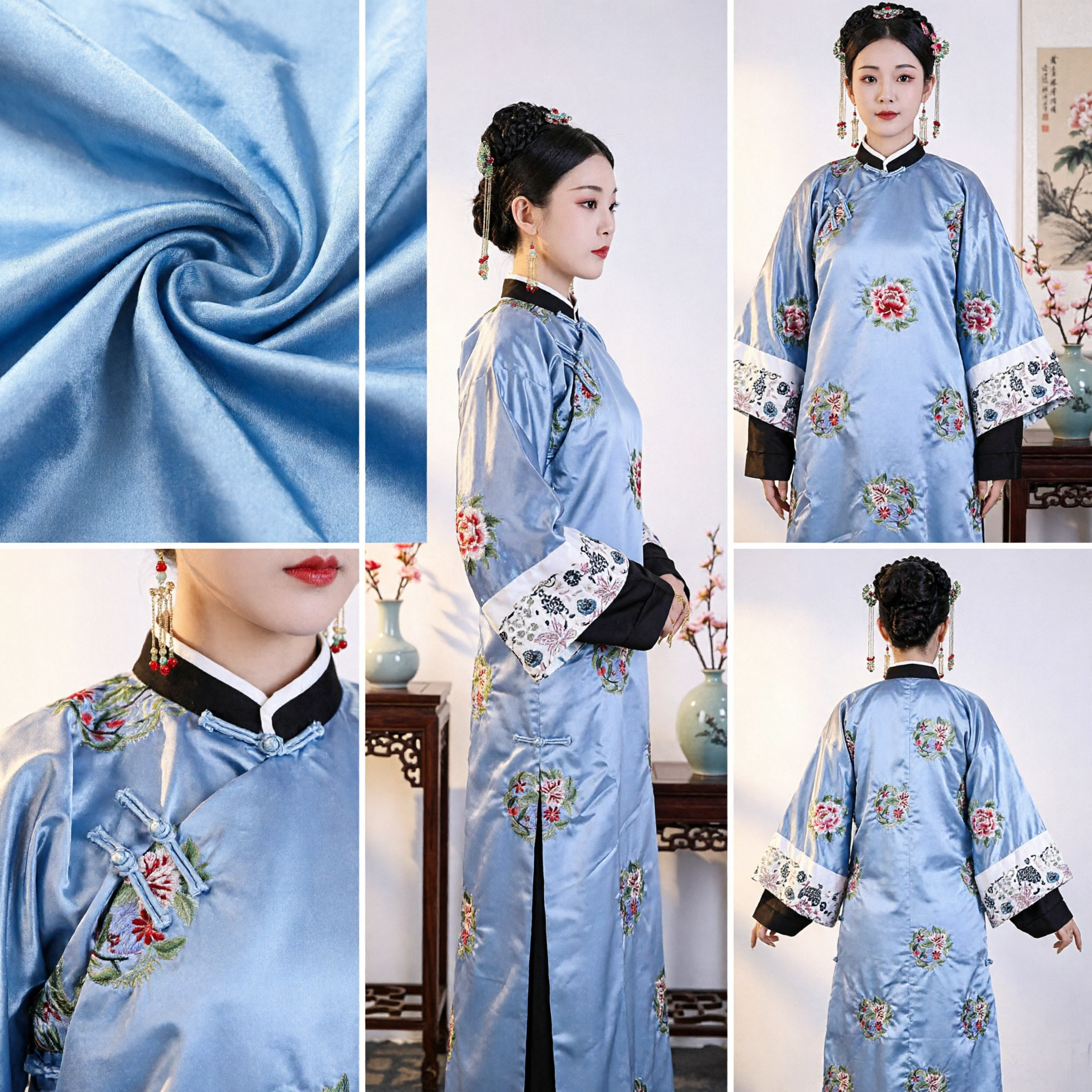 Traditionelle chinesische Qing-Dynastie-Mandschu-Blaue Seidenbestickte Blütenrobe Historisches Kostüm für Frauen Bühnenauftritt - Asian Costume