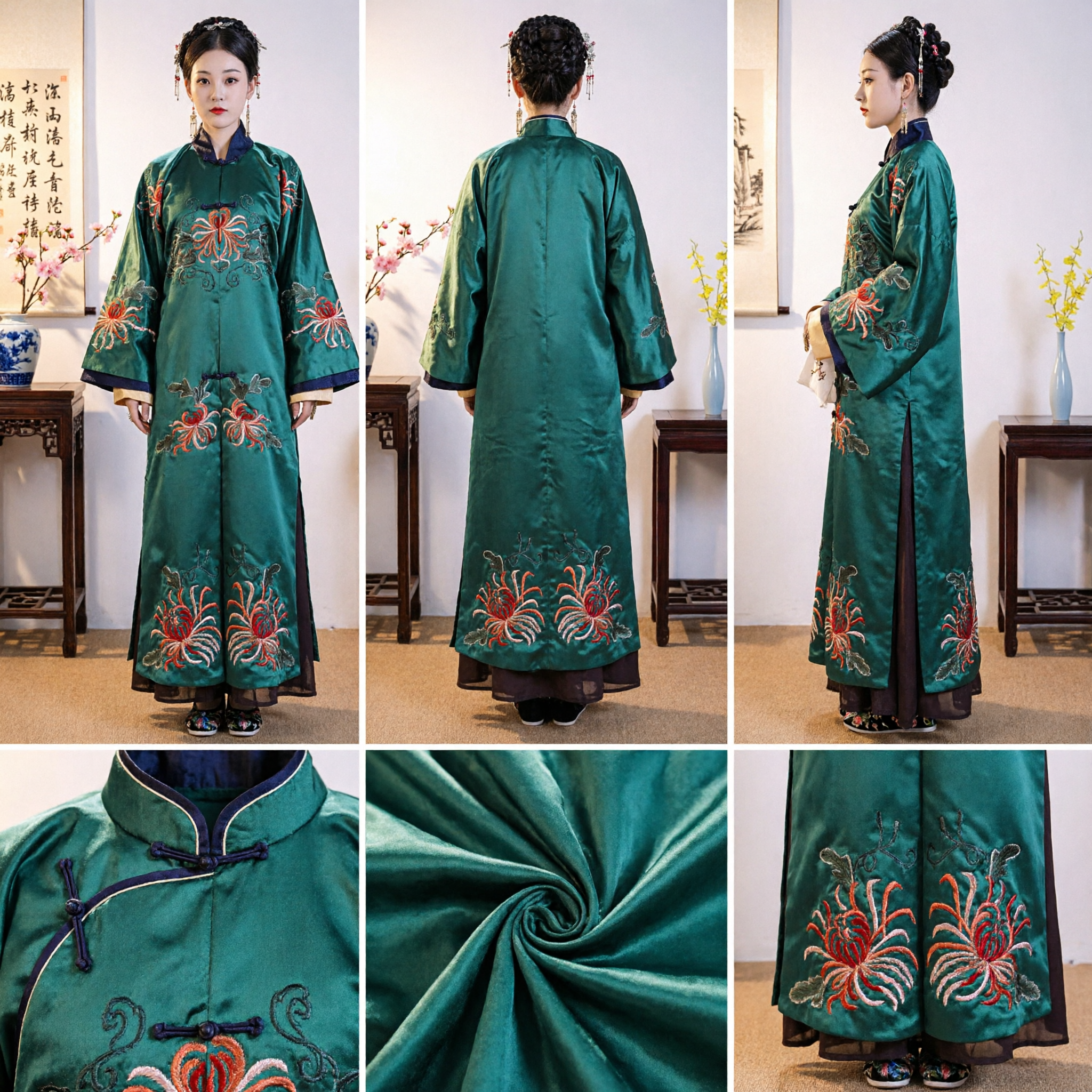 Traditional Chinese Green Embroidered Robe Ancient Qing Dynasty Noblewoman Costume for Women Historical Cosplay and Stage Show - Asian Costume