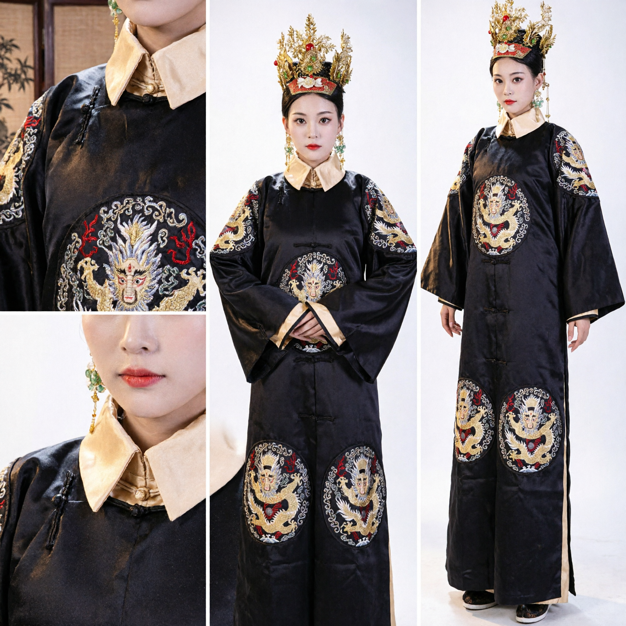 Costume traditionnel chinois ancien de l'impératrice de la dynastie Ming - Robe du dragon noir Hanfu - Ensemble complet avec couronne pour femmes - Asian Costume