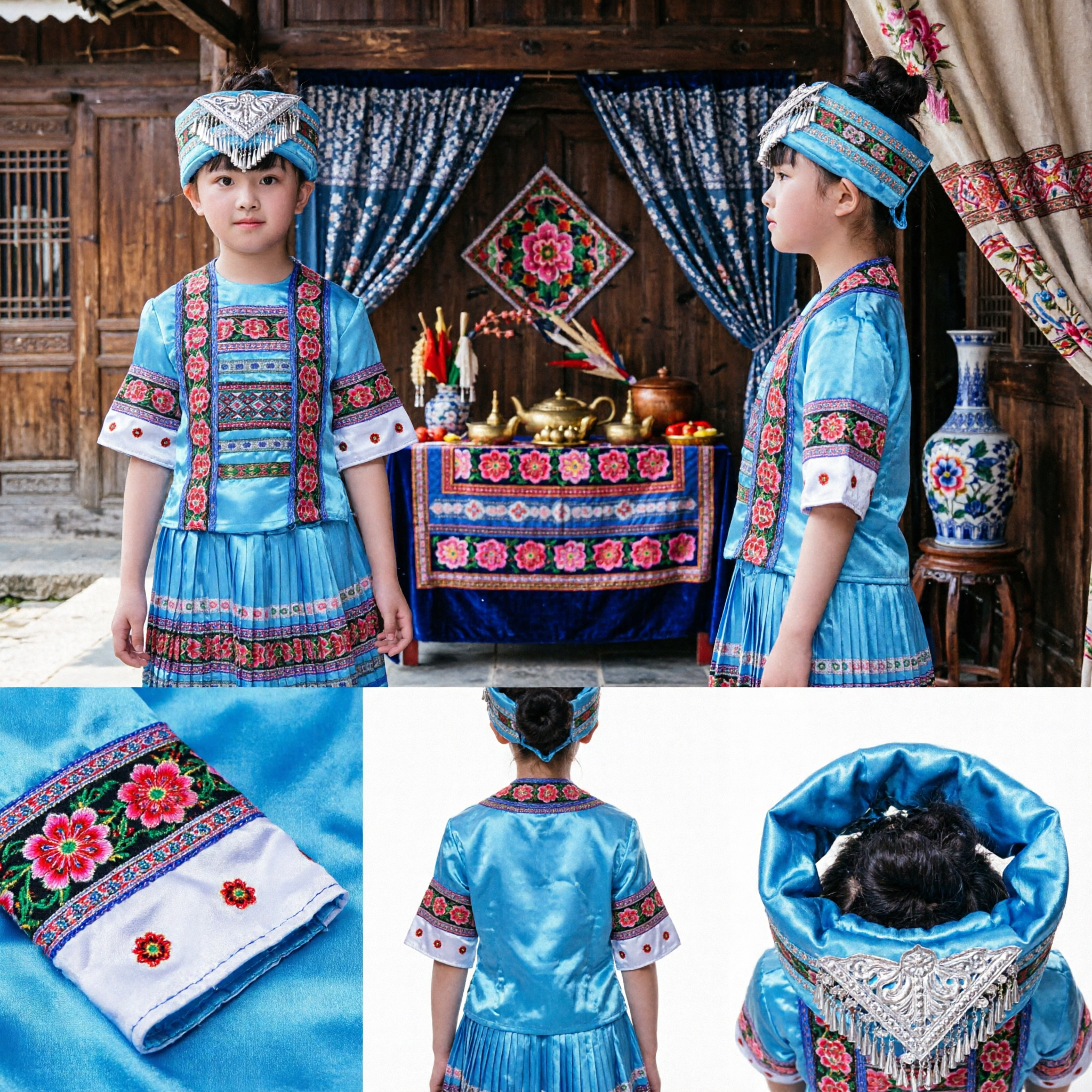 Chinese Traditional Blue Ethnic Folk Dance Costume for Girls Kids Stage Performance Outfit with Embroidered Headdress - Asian Costume