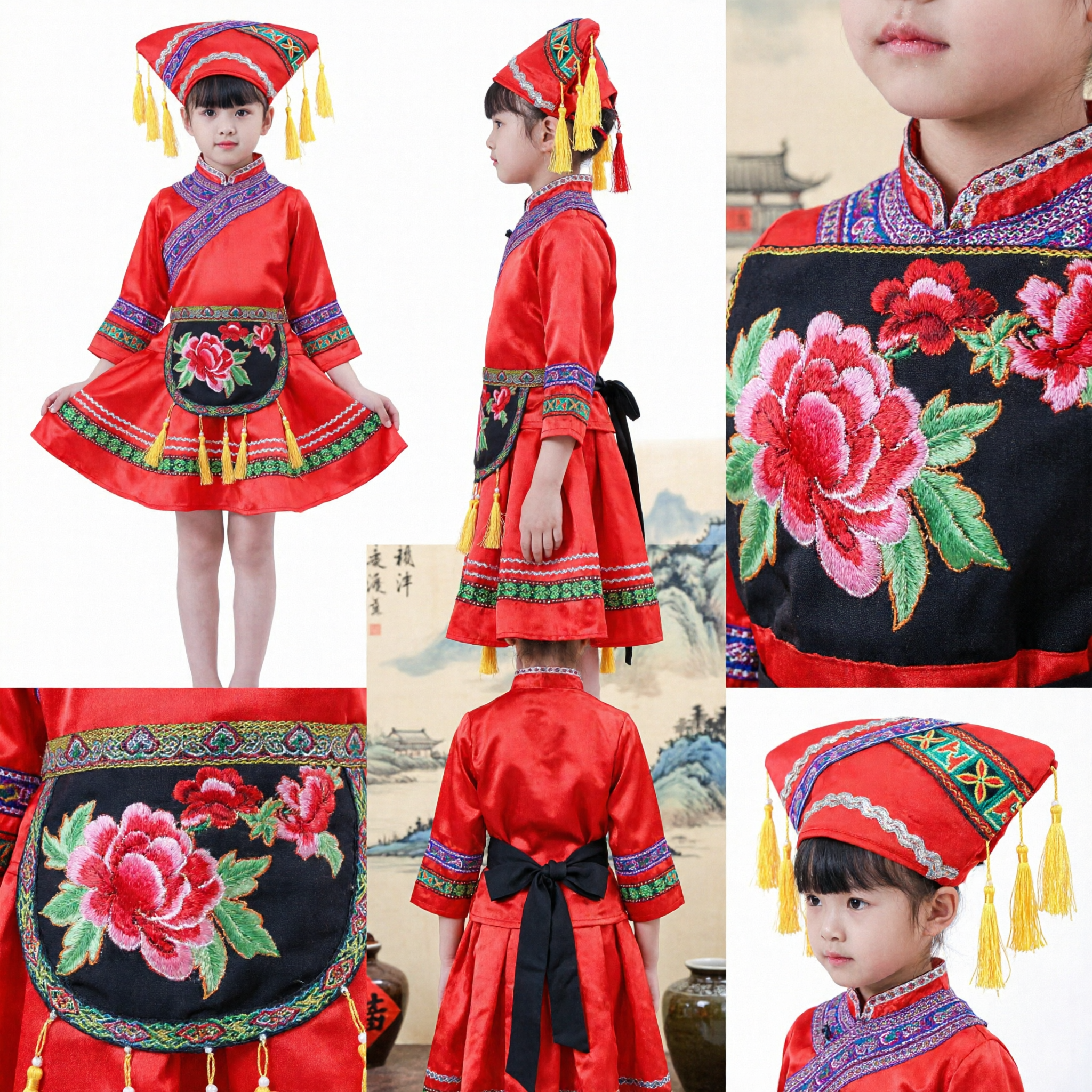 Costume danza folkloristica etnica cinese Zhuang per bambini, abito rosso ricamato con cappello, completo spettacolo teatrale - Asian Costume
