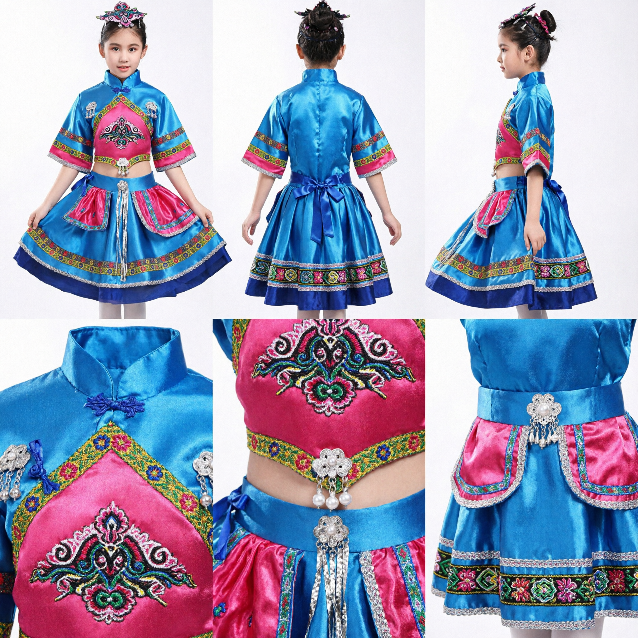 Kids Chinese Traditional Ethnic Minority Dance Costume Girls Folk Stage Performance Outfit Blue Pink - Asian Costume