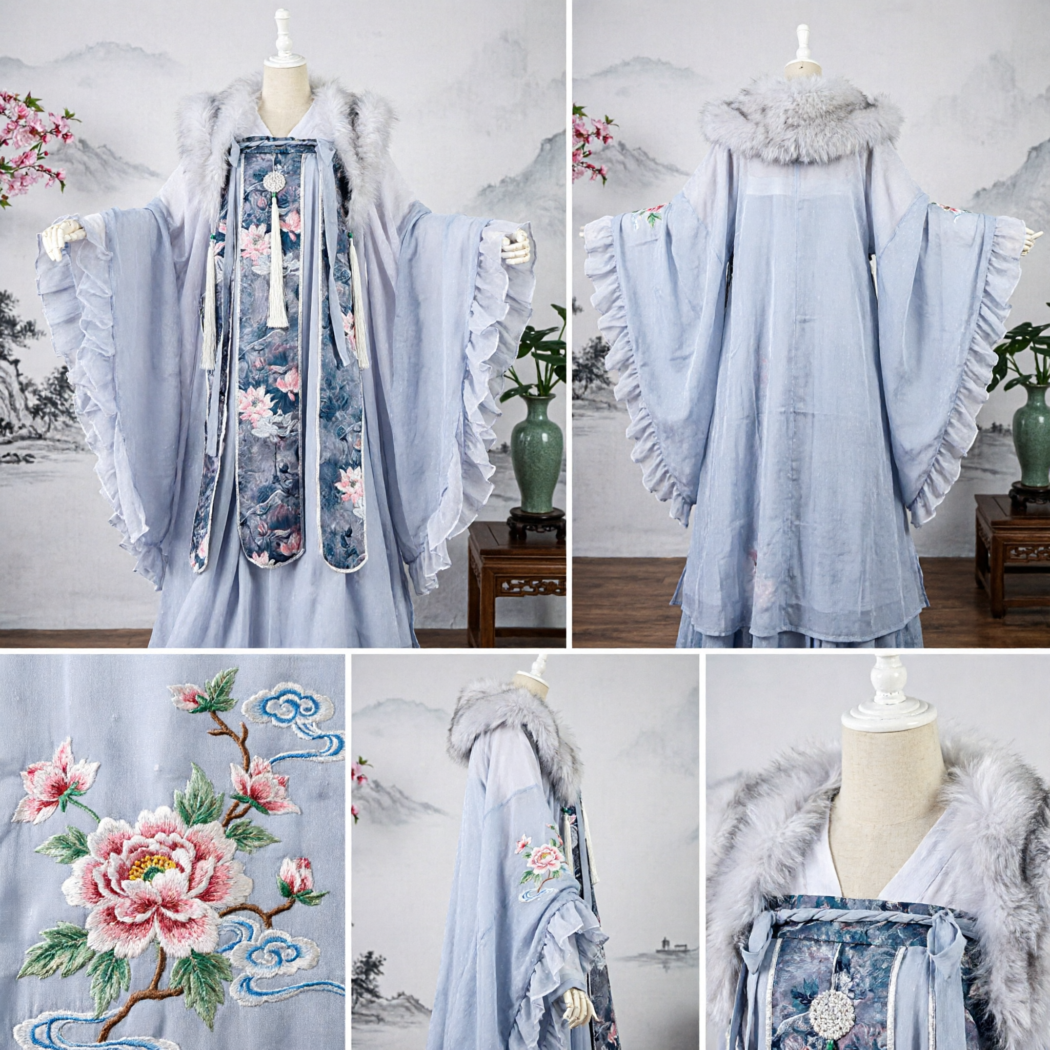 우아한 보라색 한푸 전통 중국 고대 의상 꽃 자수 조끼와 흰색 퍼 칼라 - Asian Costume