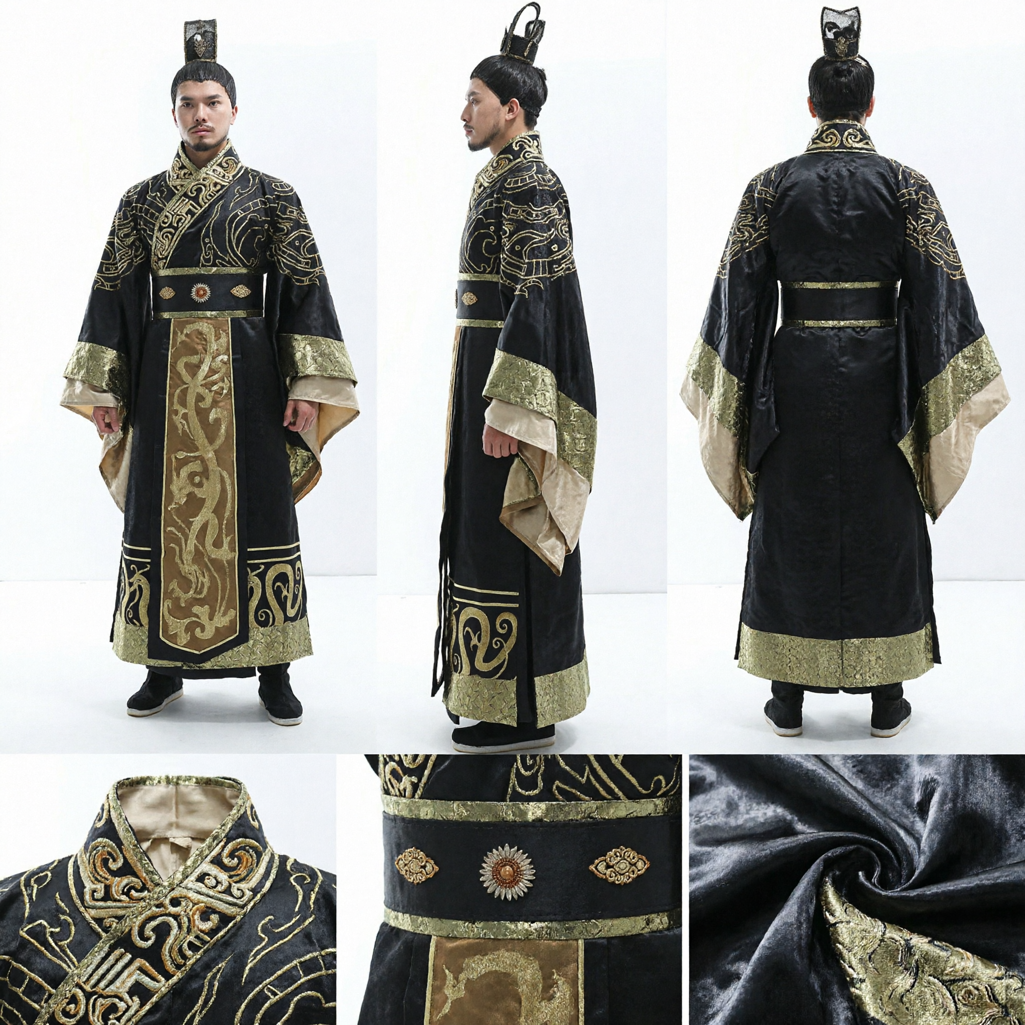 古代中国 秦王朝 皇帝衣装 黒 金 刺繍ローブ 伝統漢服 男性 歴史コスプレ - Asian Costume