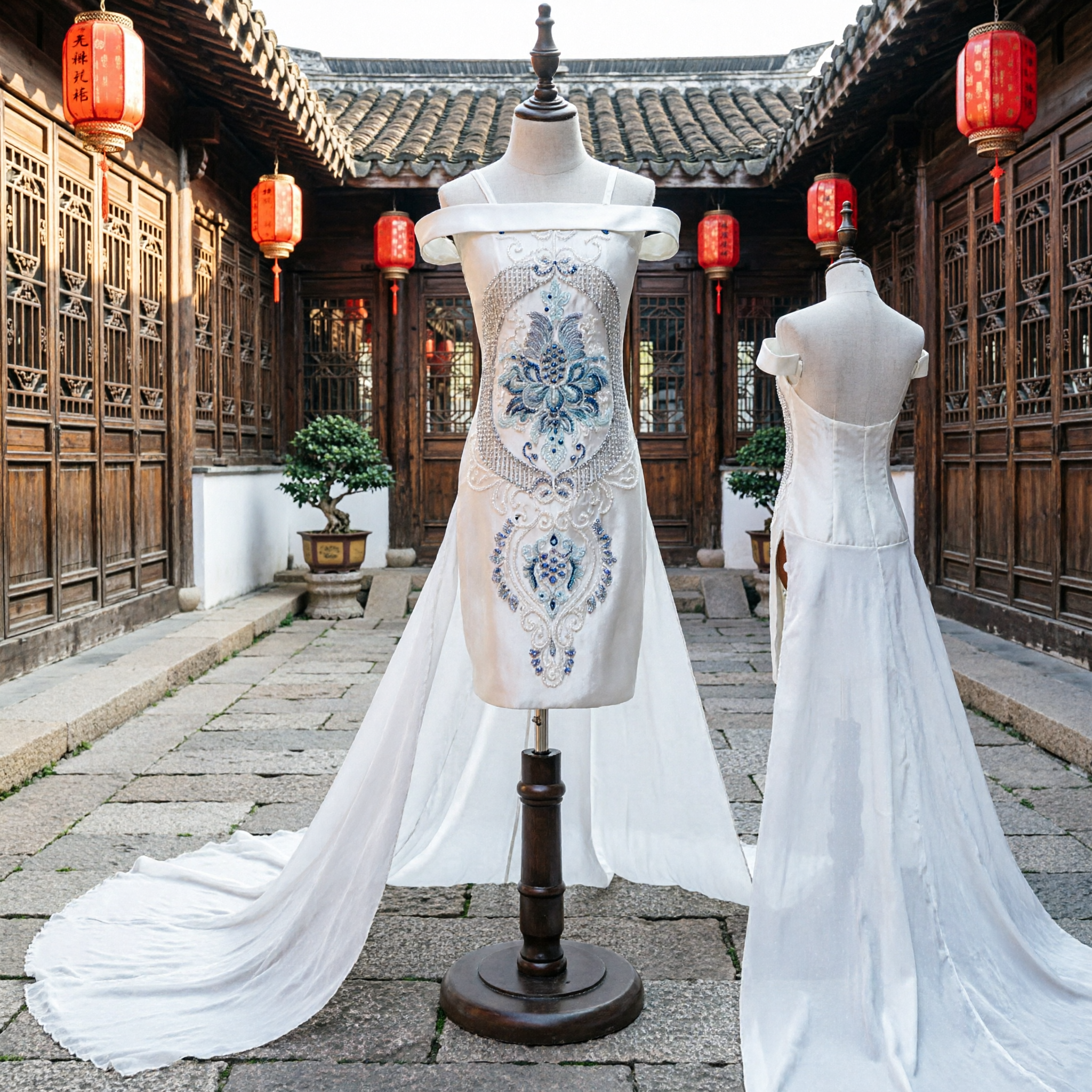 Robe de mariée Cheongsam chinoise élégante blanche avec broderie florale bleue et longue traîne en tulle pour mariées - Asian Costume