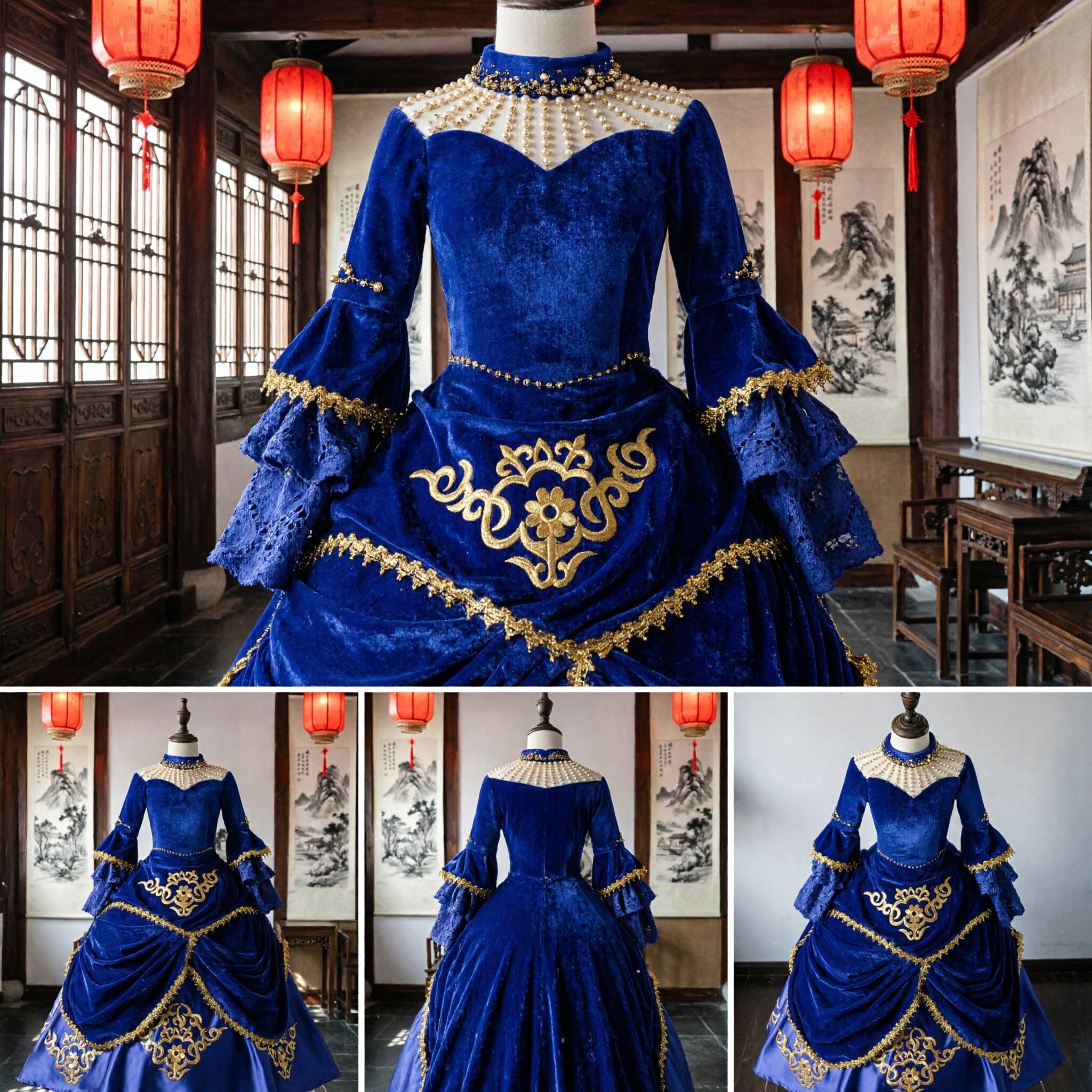 ロイヤルブルー ベルベット ヴィクトリア朝 ボールガウン ゴールド刺繍 歴史コスプレ衣装 女性用 - Asian Costume