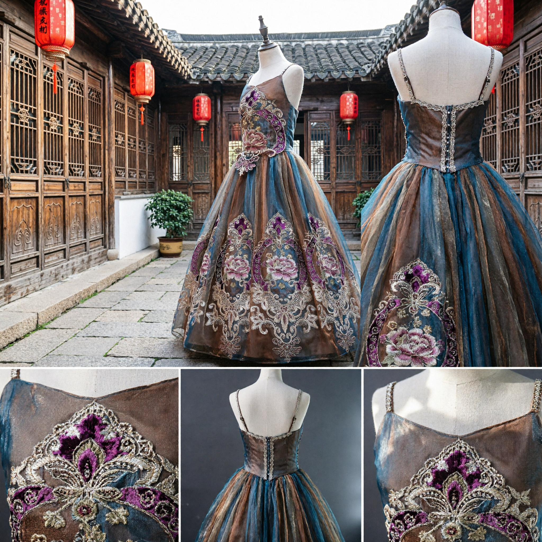 Vestido de Fiesta de Lujo Bronce Bordado Elegante Vestido de Noche con Tirantes Espagueti para Eventos Formales, Prom y Gala - Asian Costume