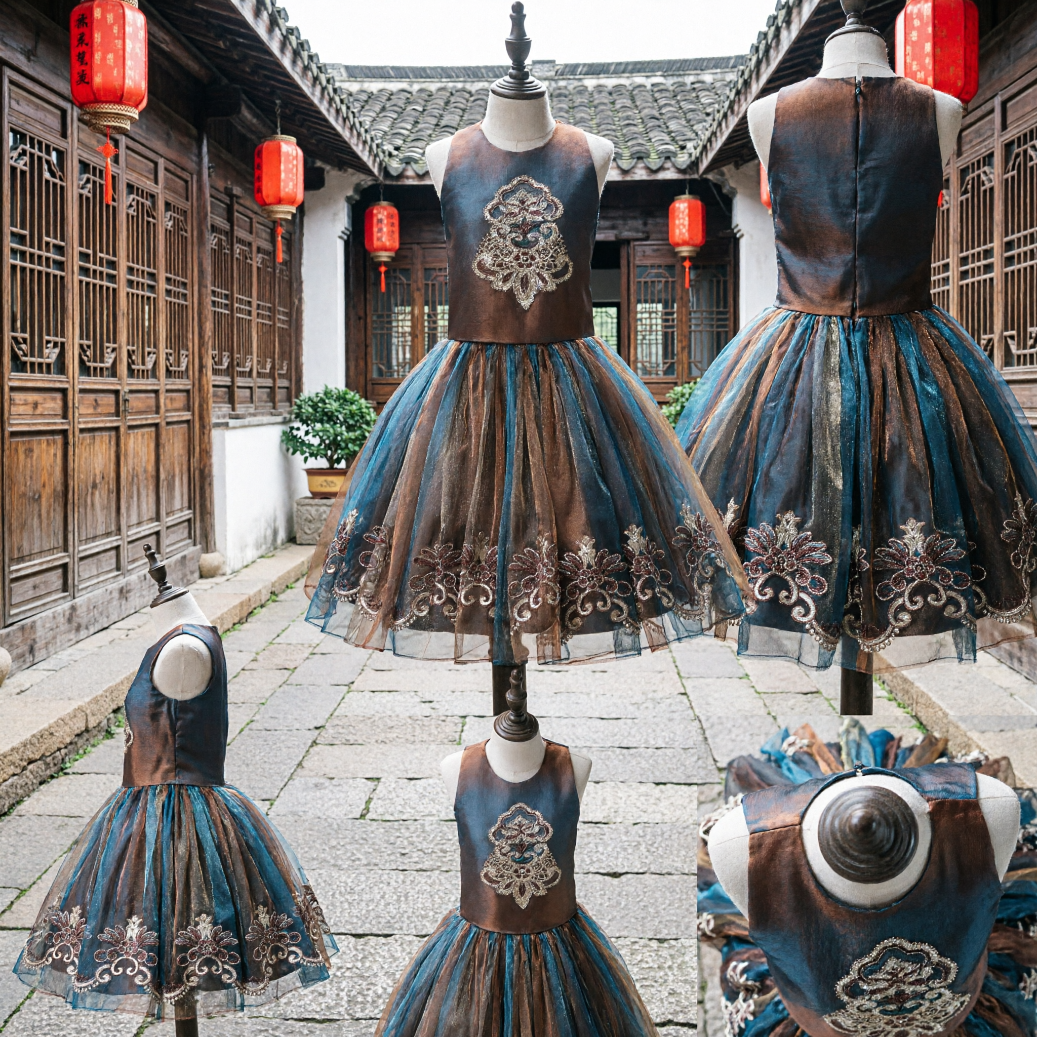 여아 우아한 갈색과 청록색 자수 튤 스커트 드레스 민소매 포멀 파티 가운 어린이용 - Asian Costume