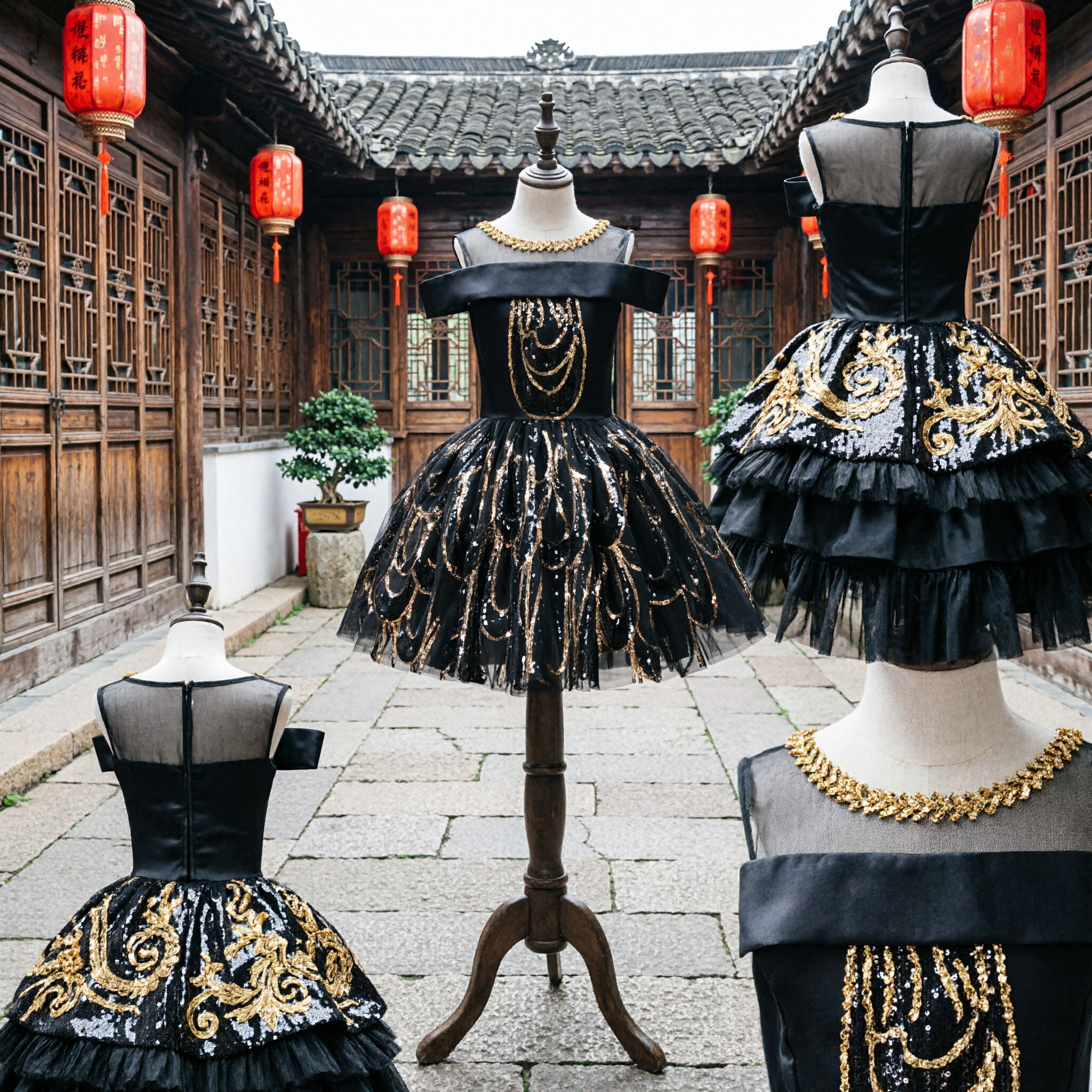 Meisjes Zwart Off-Shoulder Sequin Tutu Jurk Goud Ketting Lijfje Latin Jazz Dans Optreden Kostuum - Asian Costume