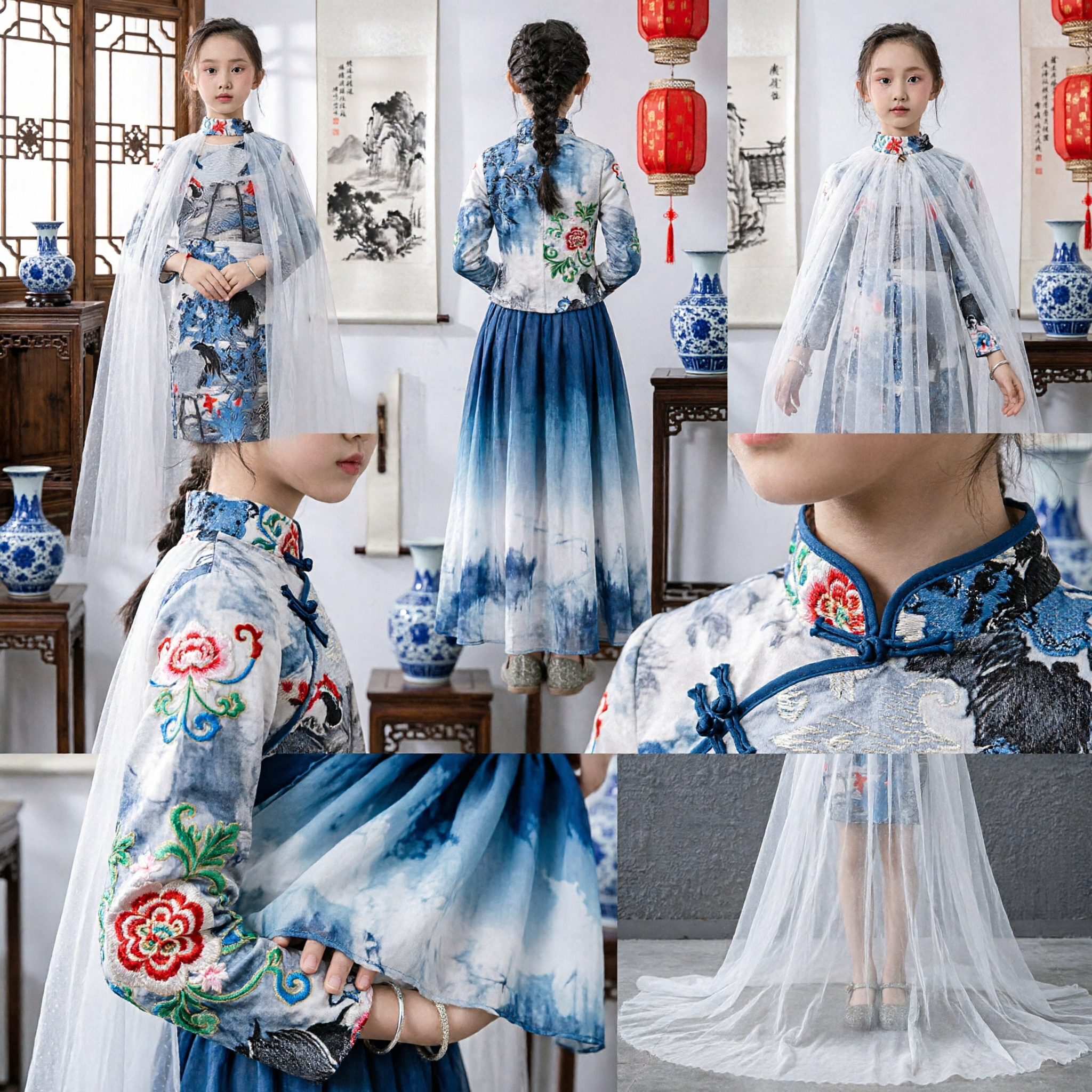 Vestido Tradicional Chinês Hanfu Elegante para Meninas com Capa Branca Transparente, Fantasia para Performance Infantil no Palco - Asian Costume