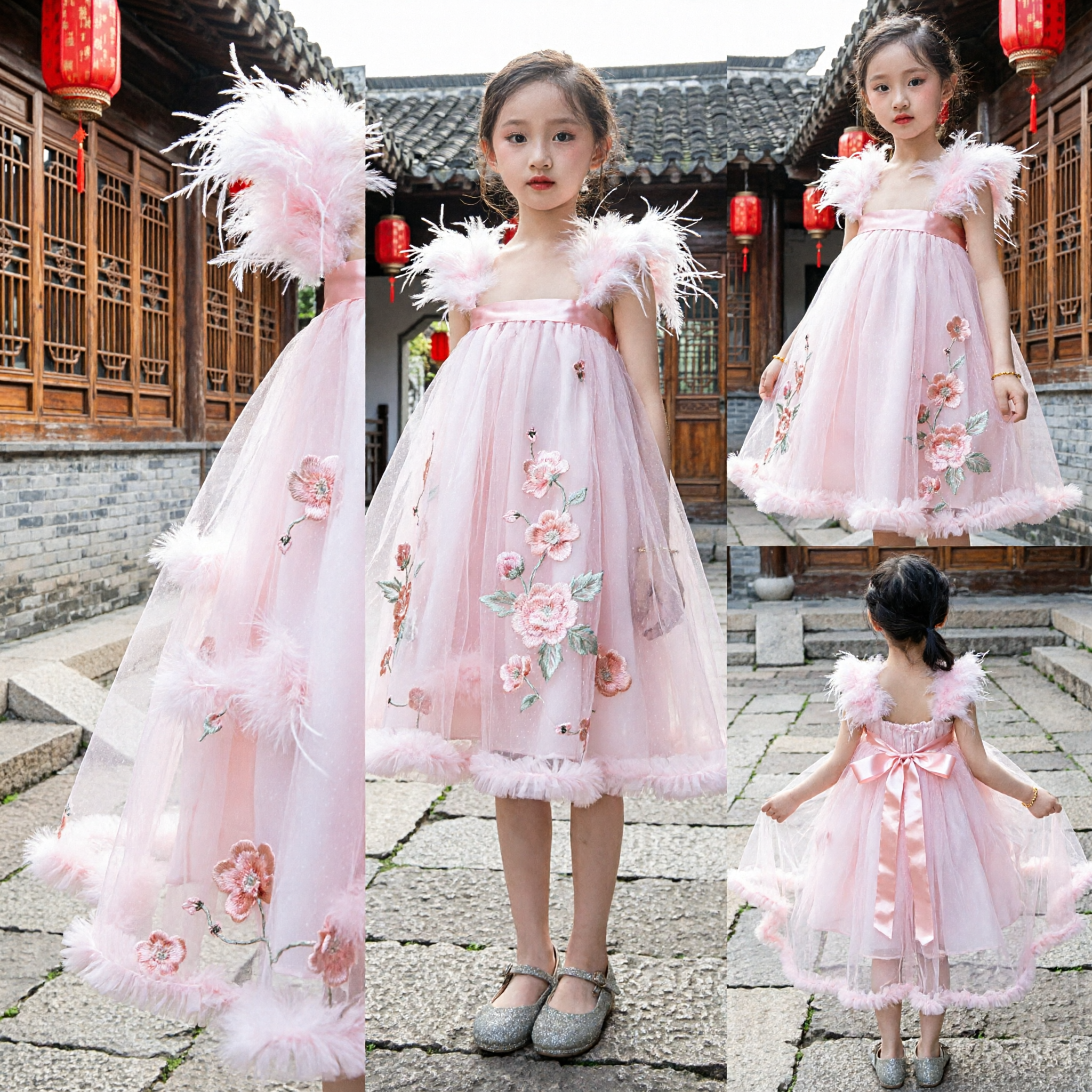 Elegante Abito in Tulle e Piume Rosa per Bambine per Feste Formali, Matrimoni e Damigelle - Asian Costume