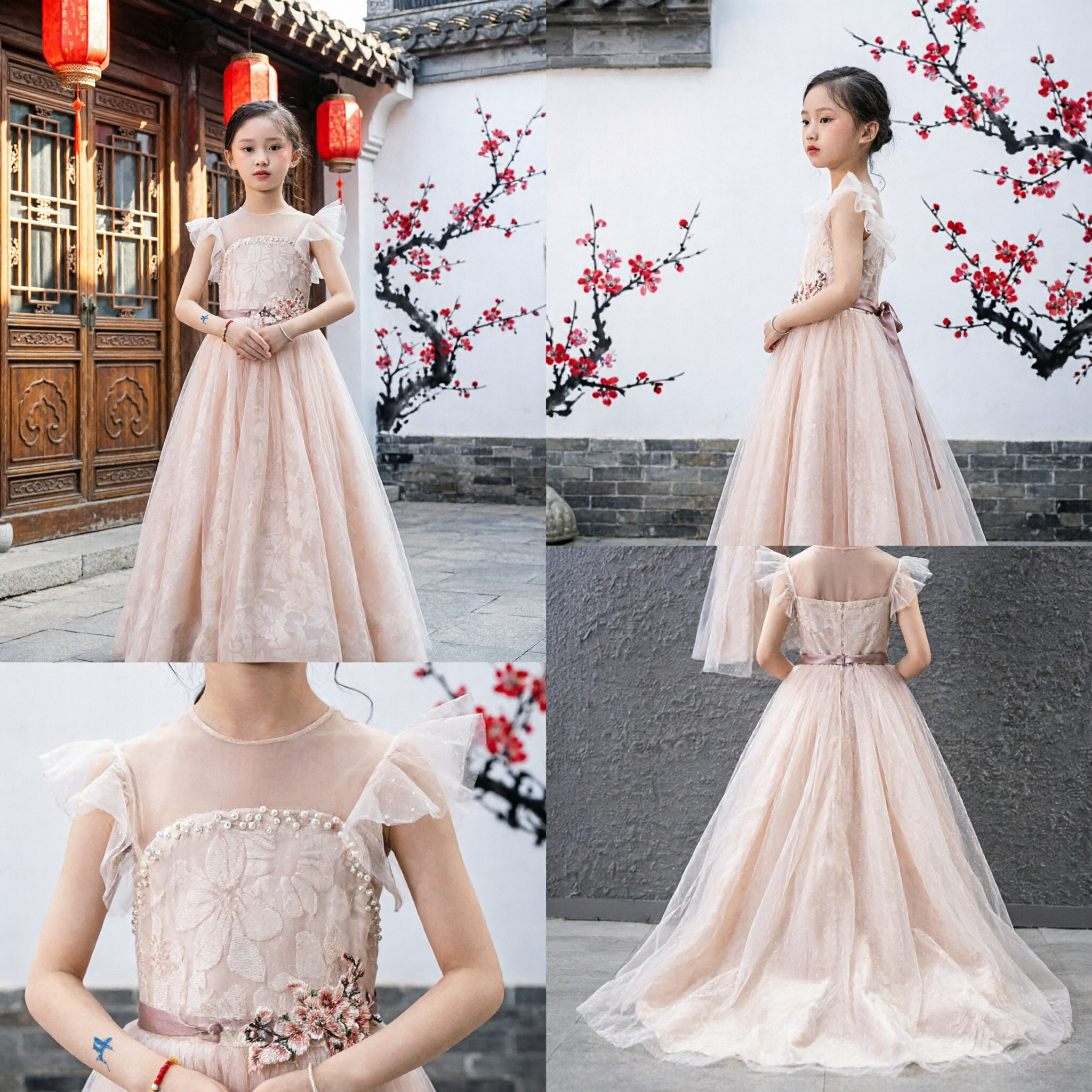 Elegantes champagnerfarbenes langes Tüll-Mädchenkleid mit Blumenapplikationen, Blumenmädchenkleid für Hochzeitswettbewerbspartys - Asian Costume