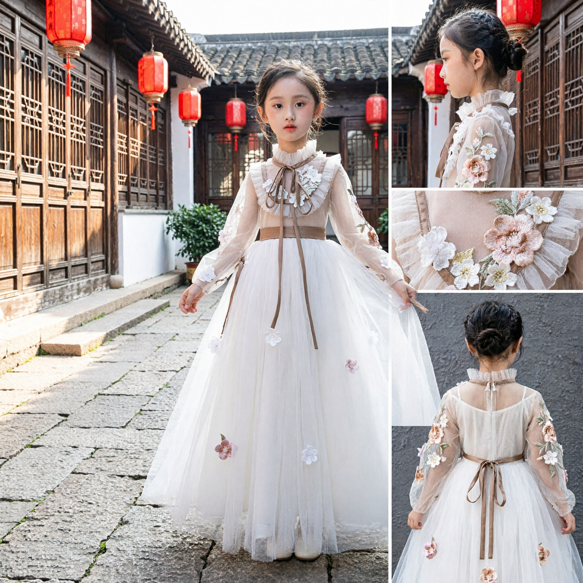 Vestido de Baile Elegante de Tule com Manga Longa para Meninas, Vestido de Dama de Honra para Casamentos, Festas e Concursos - Asian Costume
