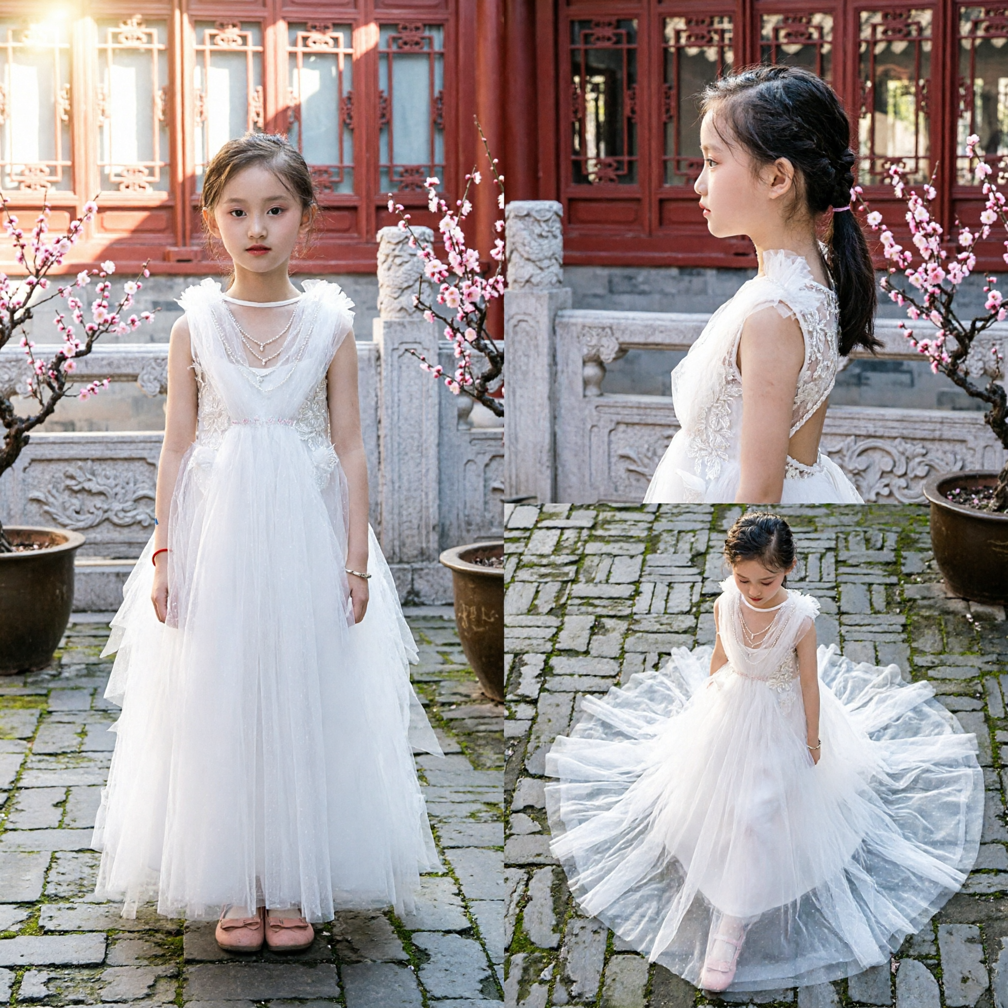 Elegante Abito Lungo in Tulle Bianco per Bambine Damigella per Matrimoni, Feste, Prima Comunione in Stile Principessa Senza Maniche - Asian Costume