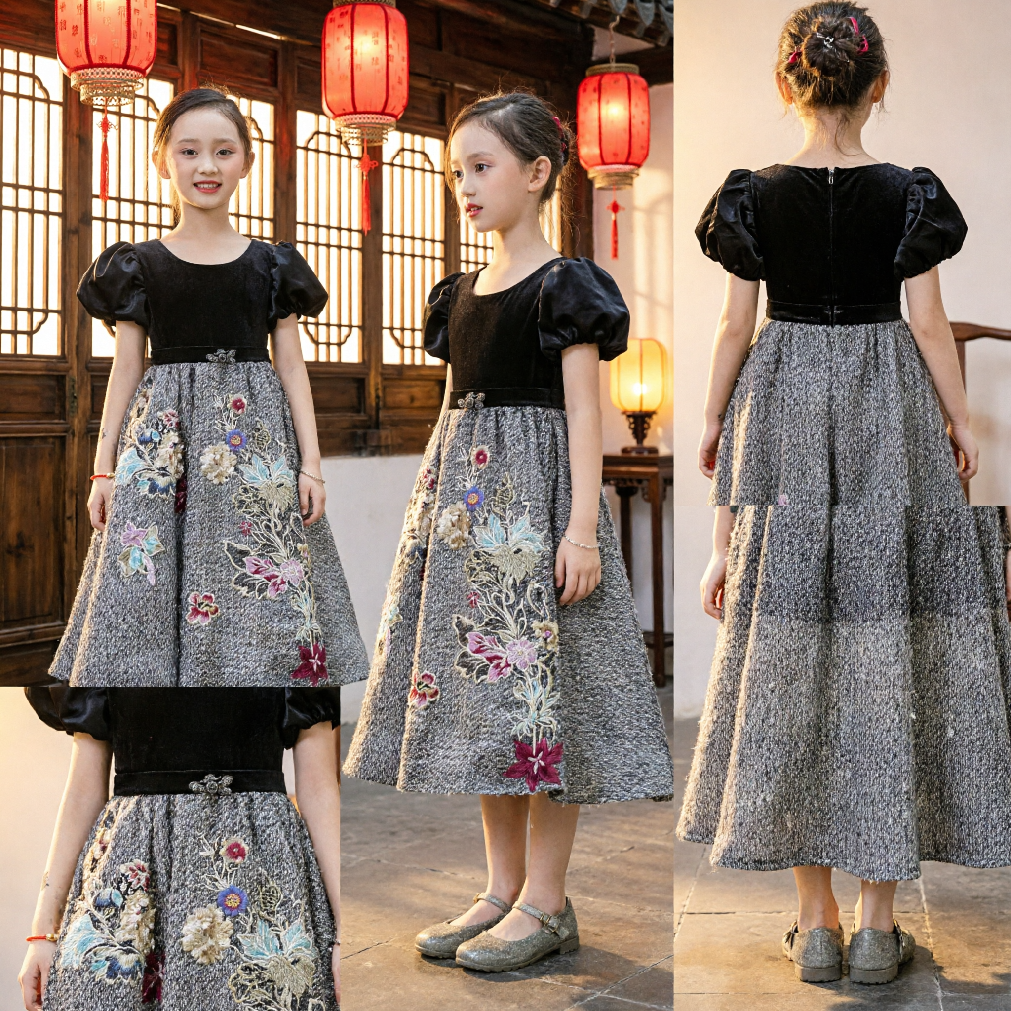 Elegante Vestido Tradicional Chino Hanfu para Niñas, Falda Bordada con Flores y Mangas Abullonadas Negras, Traje para Fiesta Formal - Asian Costume