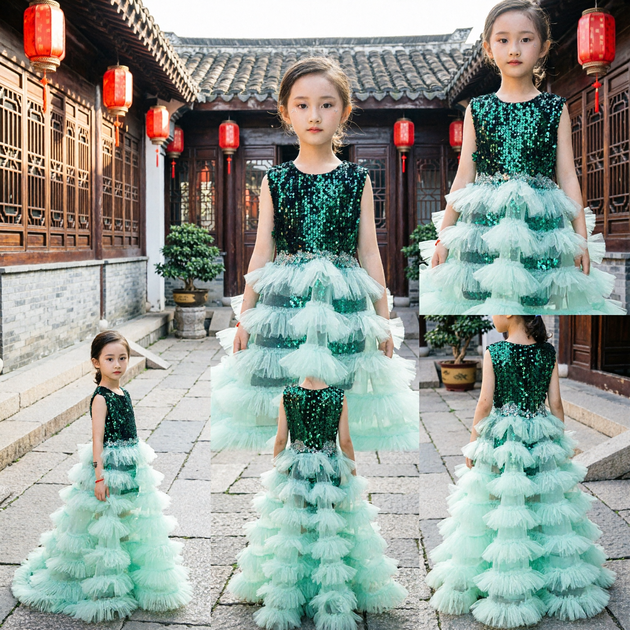 Abito a Pallone con Paillettes Verde per Bambine con Gonna a Strati e Balze in Tulle per Matrimoni, Cerimonie e Feste - Asian Costume