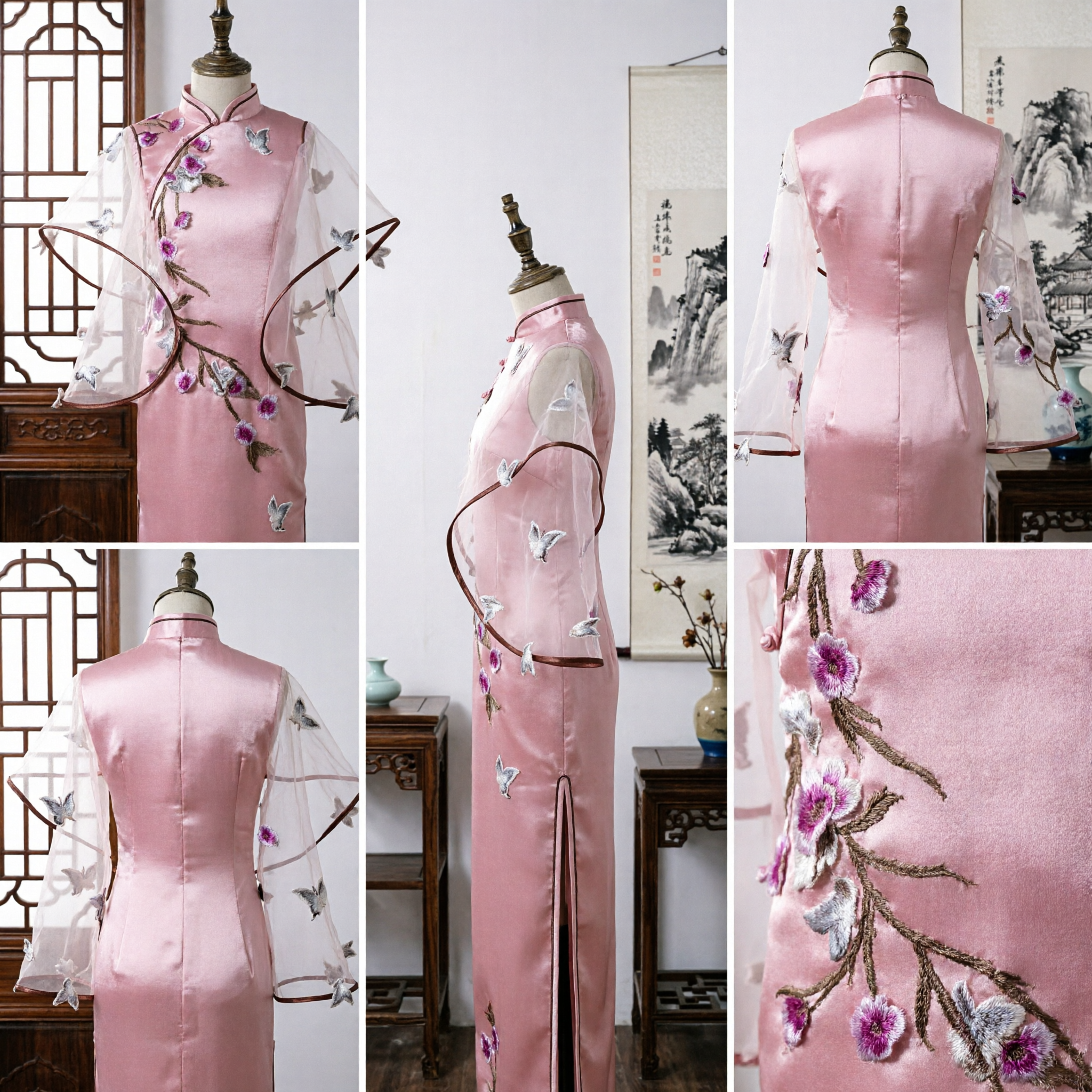 Elegante Cheongsam Ricamato Rosa con Maniche a Ali di Farfalla Moderno Qipao Cinese da Sera per Donne - Asian Costume