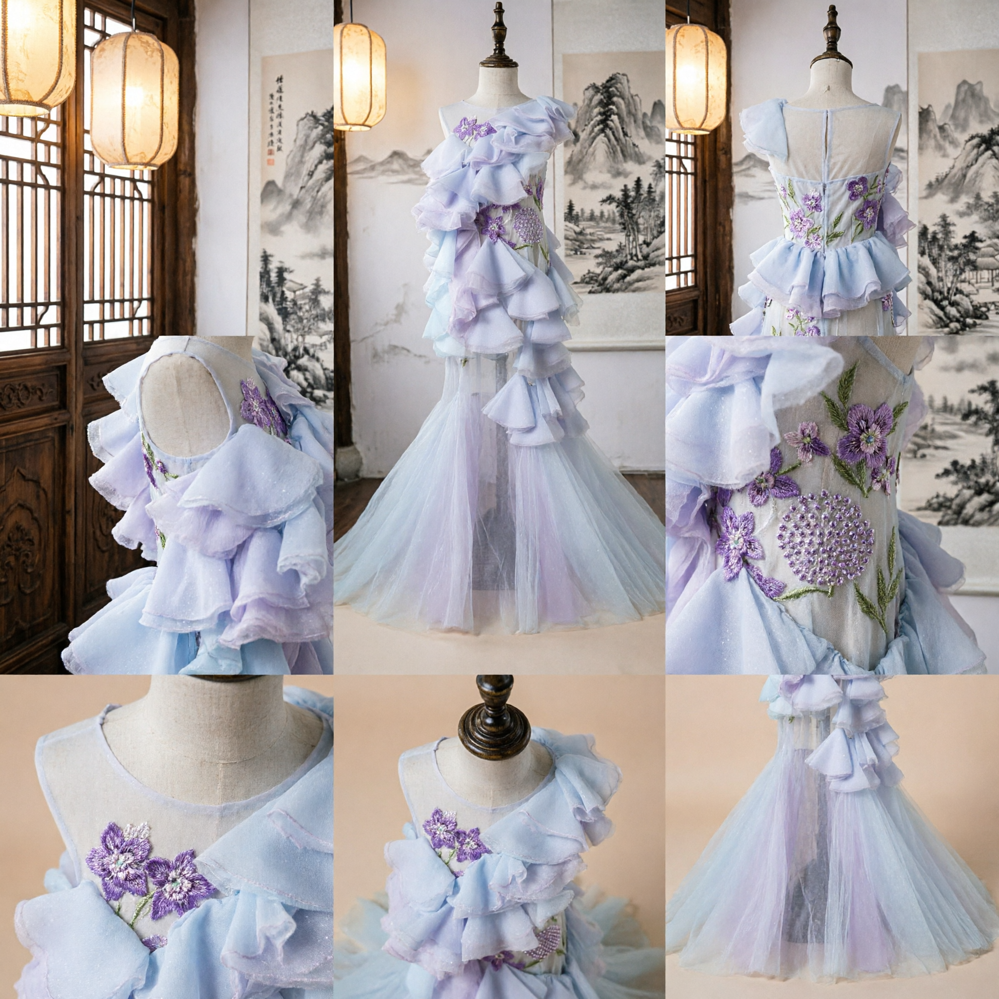 Elegant Pastel Blue and Purple Ruffled Mermaid Dress for Girls Stage Performance and Dance Show - Asian Costume