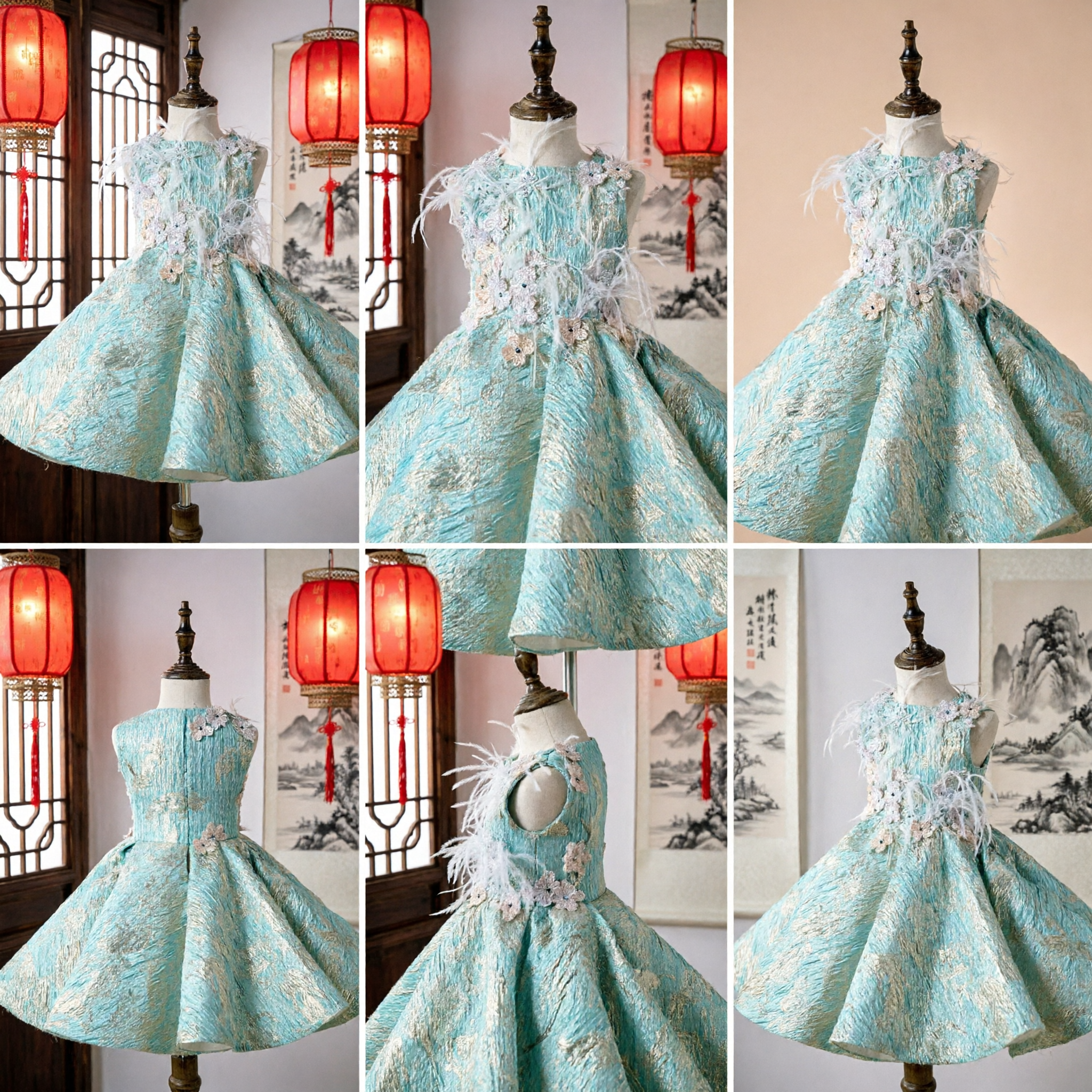 Vestido Azul de Brocado para Niñas Traje Tradicional Chino Vestido de Novia para Niña de las Flores para Fiesta y Presentación - Asian Costume