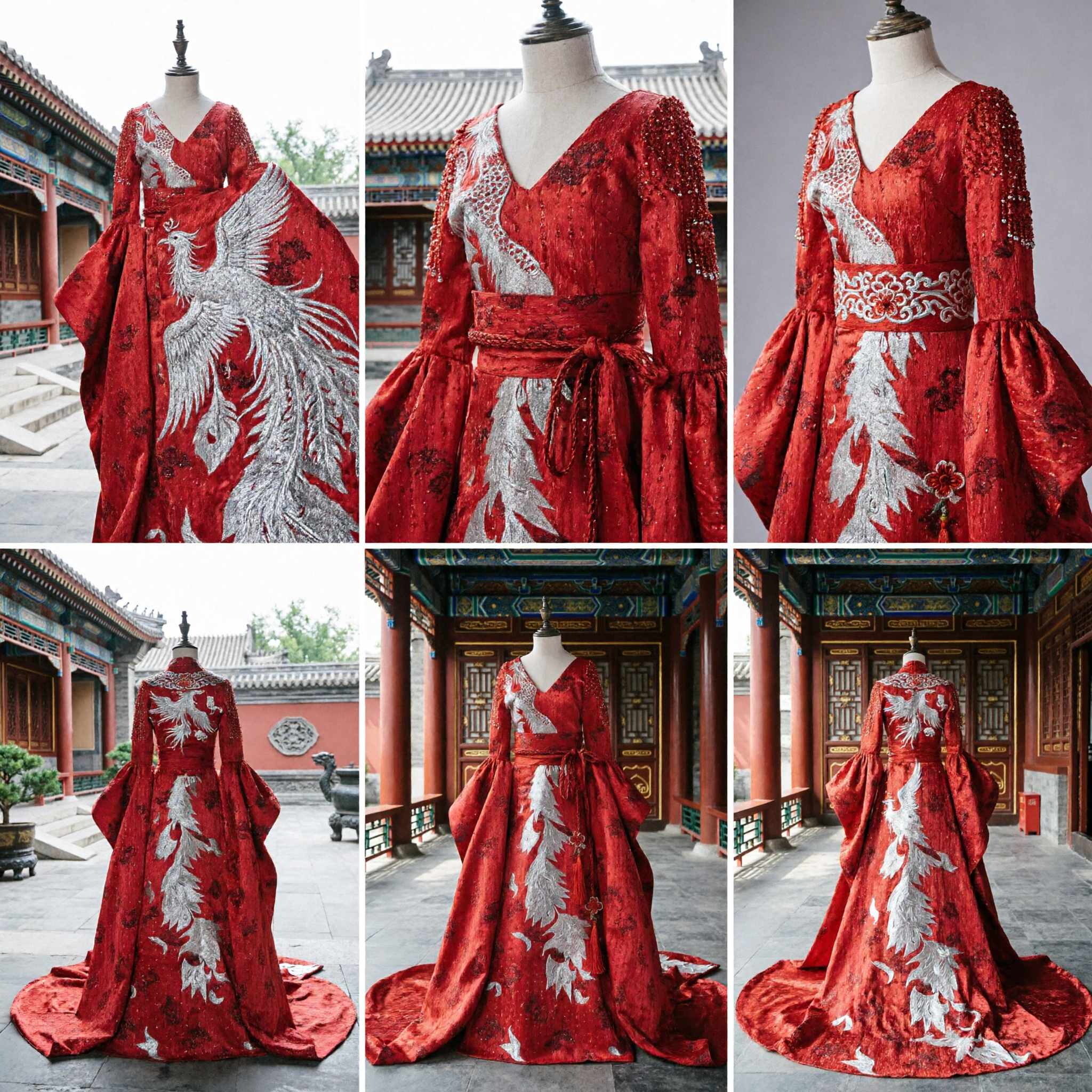 Hanfu Rosso Tradizionale Cinese per Donna con Ricamo del Drago Argento Costume Nuziale Antico - Asian Costume