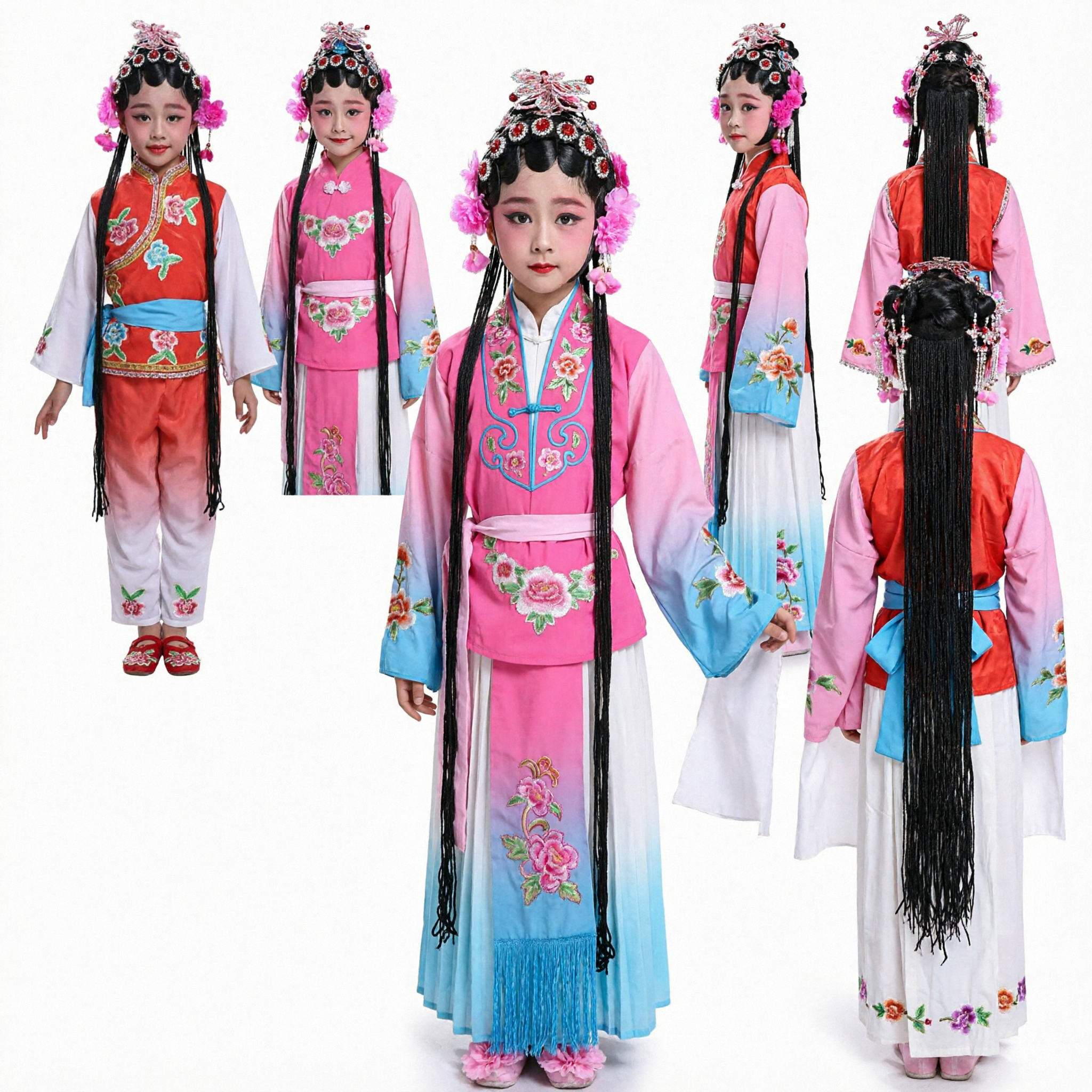 Kinder Chinesisches Opernkostüm Mädchen Traditionelles Bühnenauftritts Tanz-Outfit Besticktes Volkskleid mit Kopfschmuck - Asian Costume