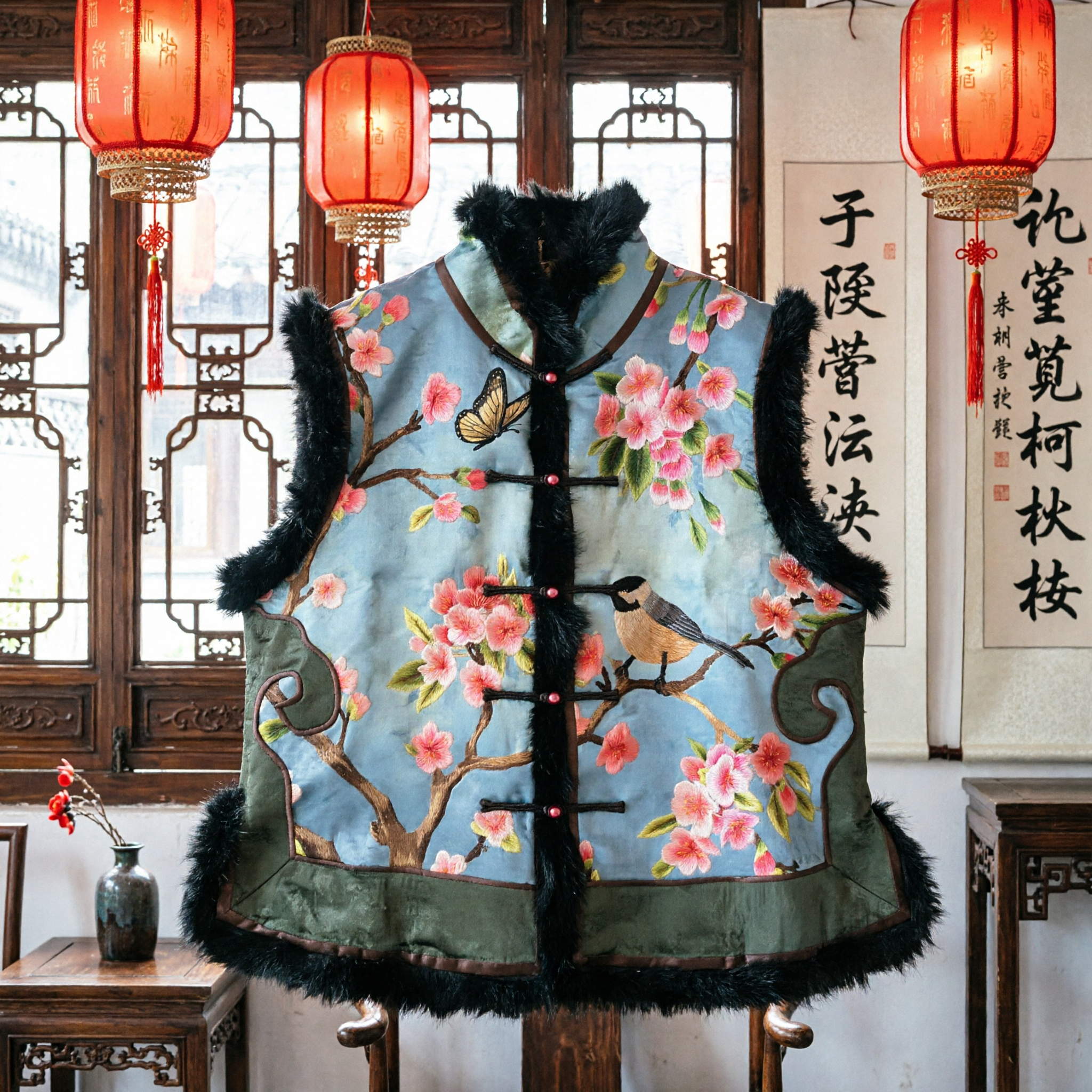 Traditionelle chinesische bestickte Seidenweste für Frauen, Tang-Anzug-Blumen-Vogel-Muster-Fellbesatz-Winter-Wärmeweste - Asian Costume