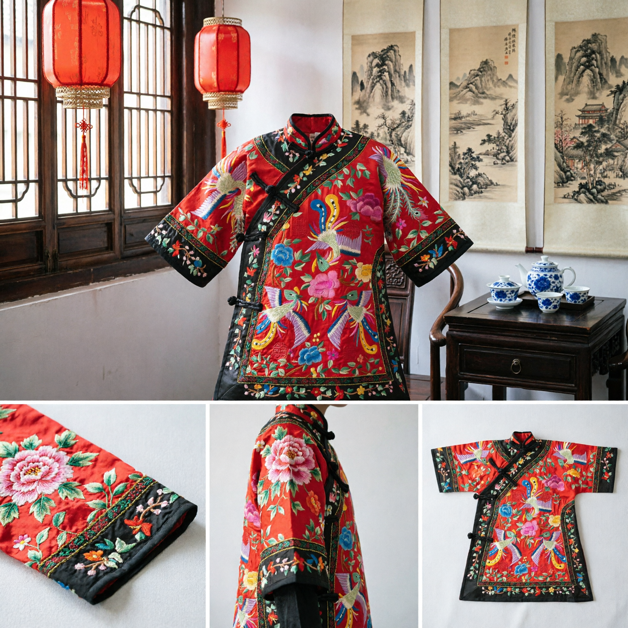 Costume Tradizionale Cinese per Bambini Giacca Rossa Ricamata con Fenice Tang Suit per Neonati Maschi e Femmine per il Capodanno Lunare - Asian Costume